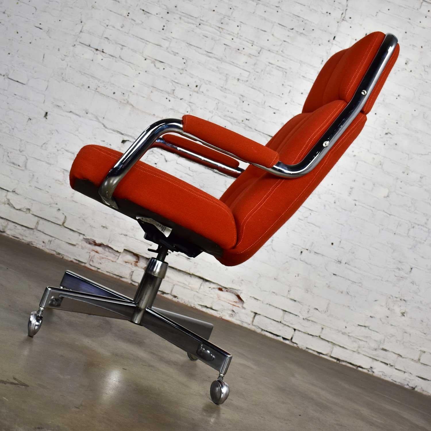 Modern Chromcraft Adjustable Armed High Back Rolling Office Chair Orange Hopsack Fabric