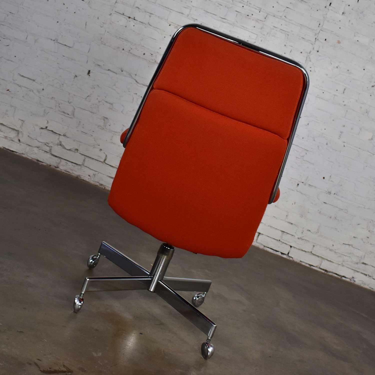 American Chromcraft Adjustable Armed High Back Rolling Office Chair Orange Hopsack Fabric