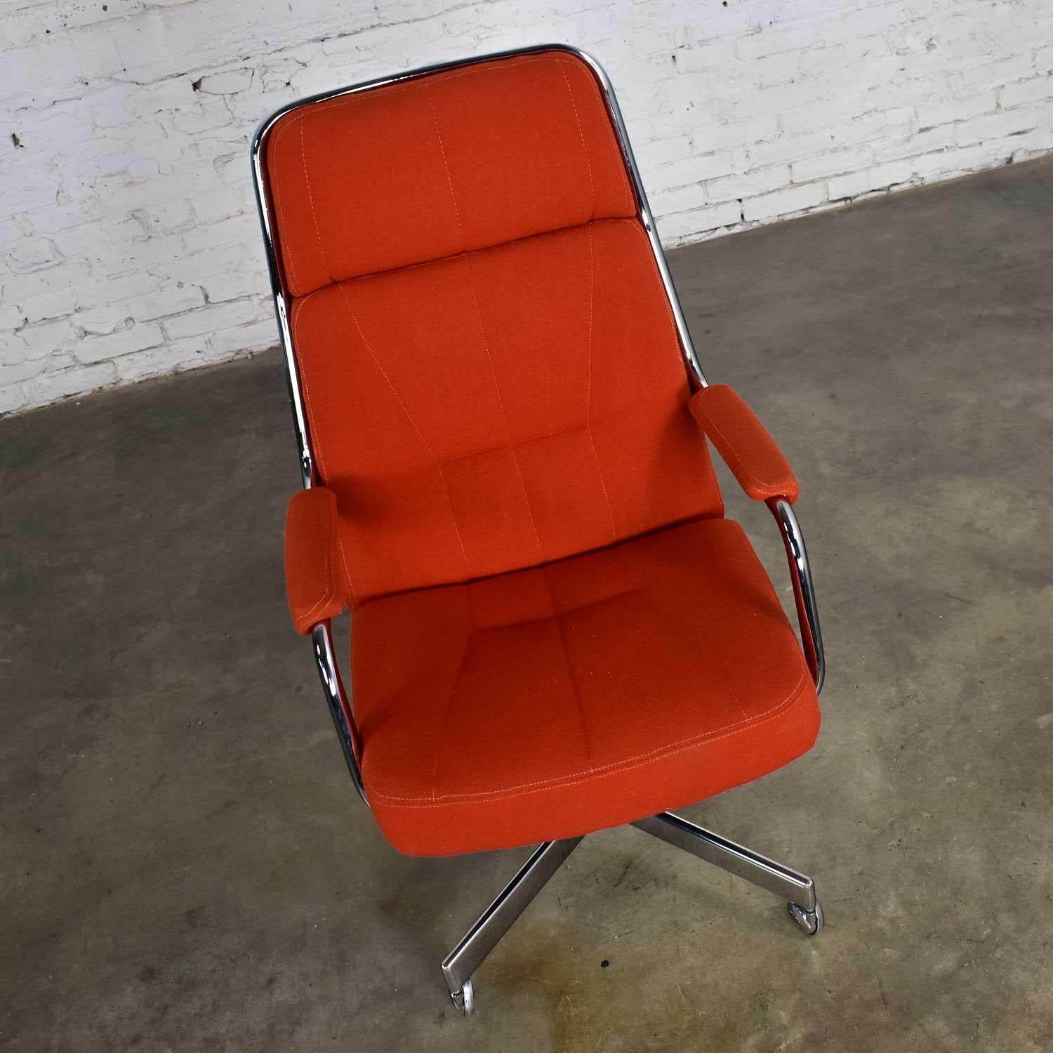 20th Century Chromcraft Adjustable Armed High Back Rolling Office Chair Orange Hopsack Fabric