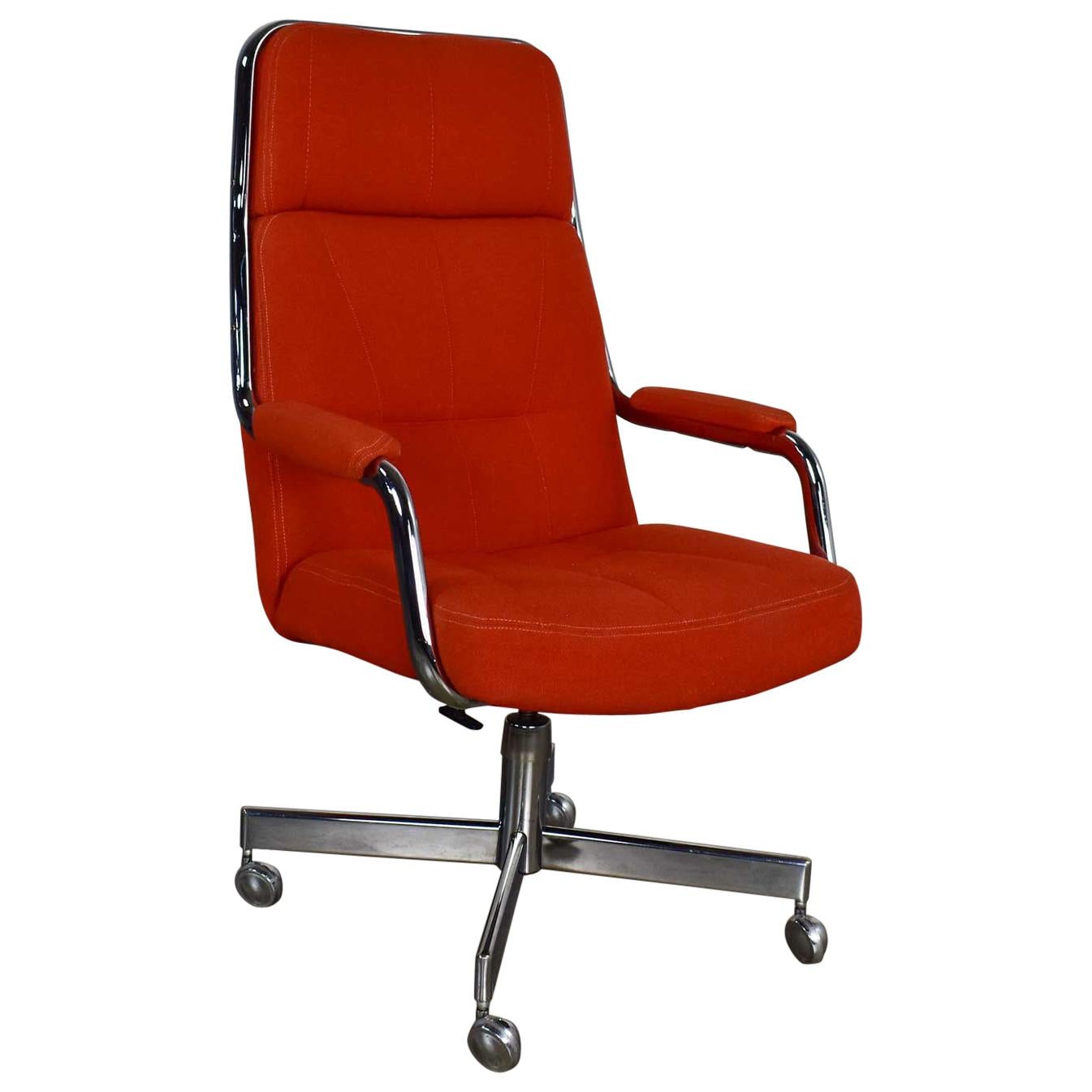 Chromcraft Adjustable Armed High Back Rolling Office Chair Orange Hopsack Fabric