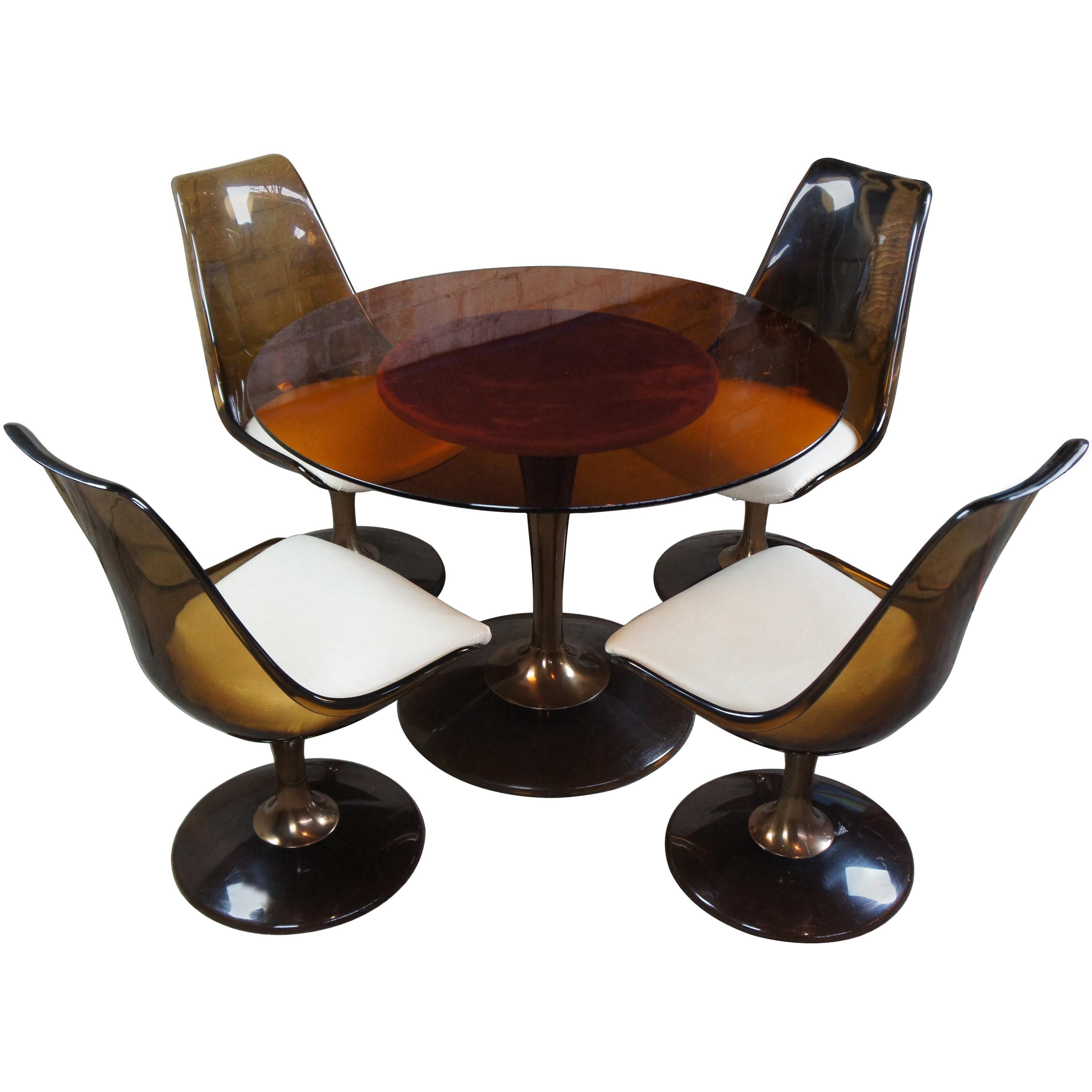 Chromcraft Atomic Mid-Century Modern Smoked Lucite Glass Table & 4 Tulip Chairs
