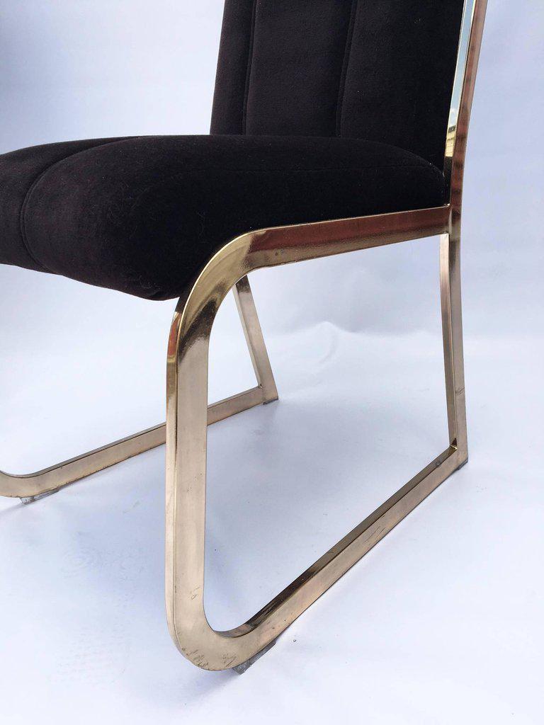 Set of six vintage Chromcraft dining chairs in the manor of Milo Baughman feature a heavy brass frame and brown velvet upholstery. Thick and comfortable seat and back with accent stitching. Very good vintage condition. Brass has minor marks