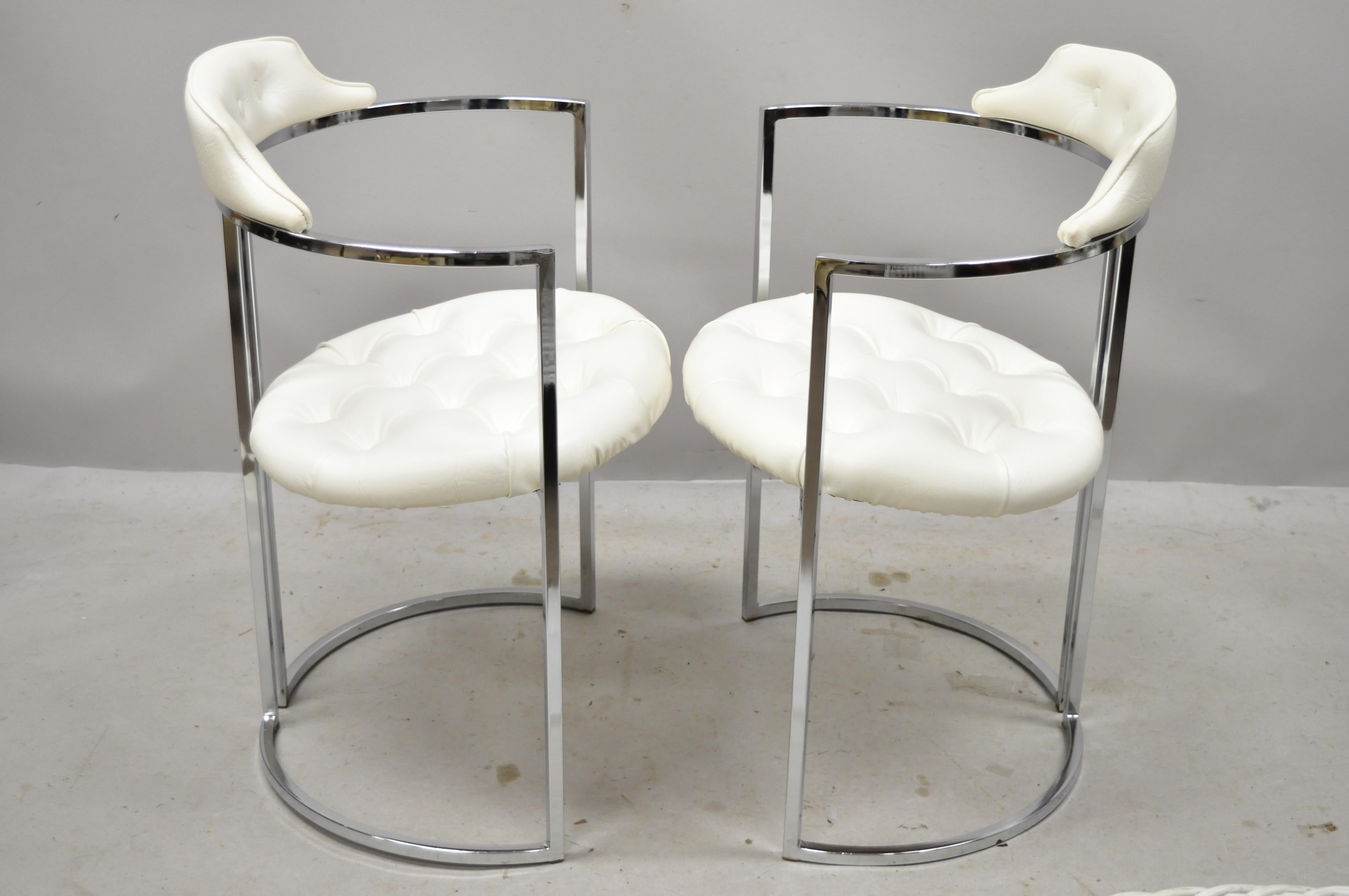 Mid-Century Modern Chromcraft Midcentury Chrome Frame Barrel Back White Vinyl Chairs, Set of 4 For Sale