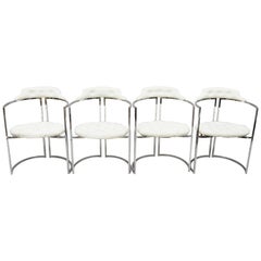 Vintage Chromcraft Midcentury Chrome Frame Barrel Back White Vinyl Chairs, Set of 4