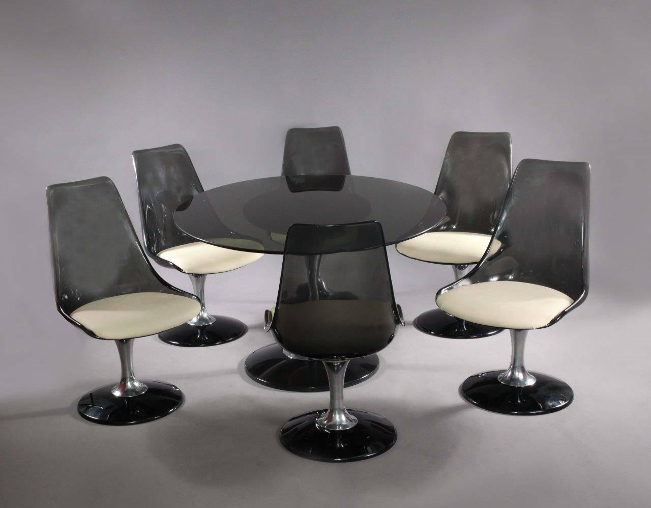 Space Age Chromcraft Smoke Lucite Dining Set: Six Swiveling Tulip Chairs and Oval Table