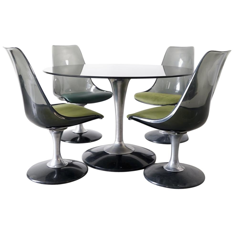 Chromcraft Smoked Lucite Dining Set of Four Tulip Chairs and Round Table For Sale