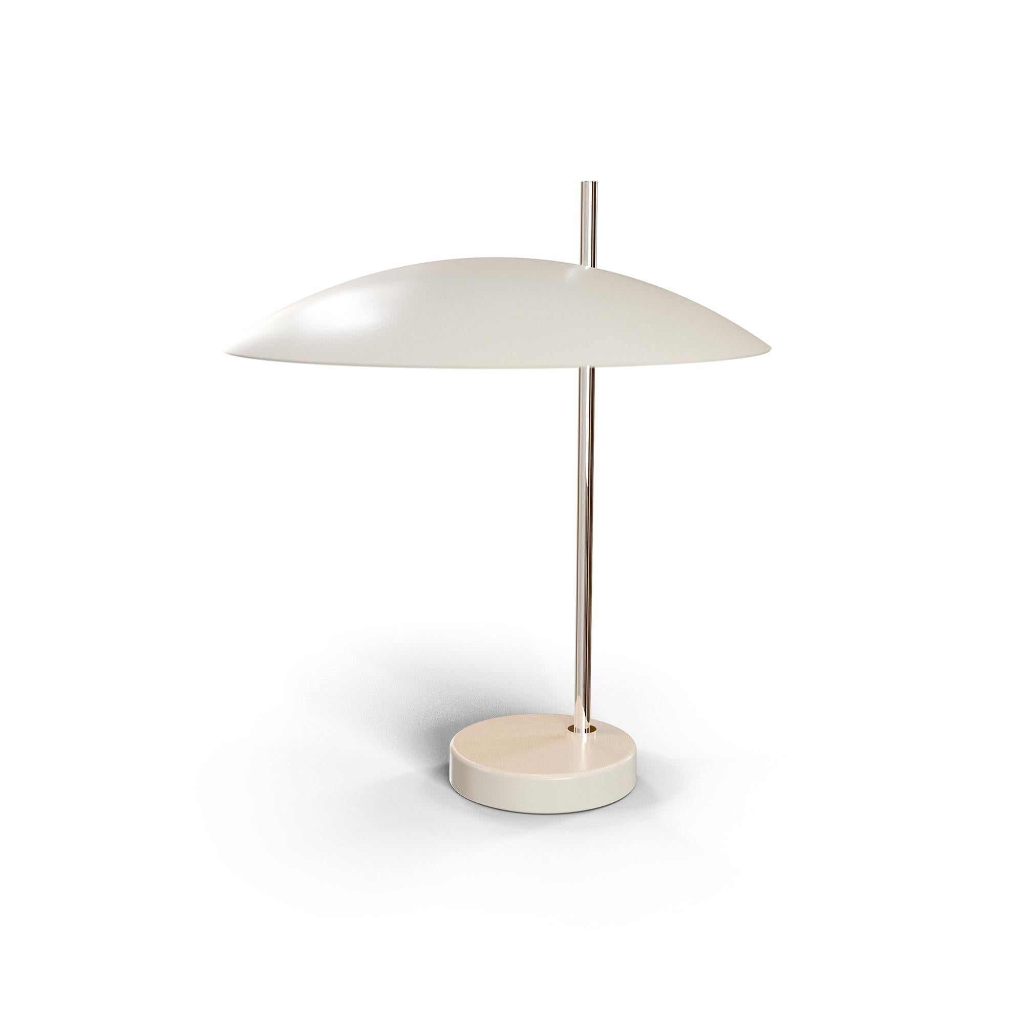 Chrome 1013 Table Lamp by Disderot
Limited Edition. 
Designed by Pierre Disderot.
Dimensions: Ø 34,1 x H 39,77 cm.
Materials: Chrome and white metal.

Delivered with authentication certificate. Made in France. Available in brushed brass, golden