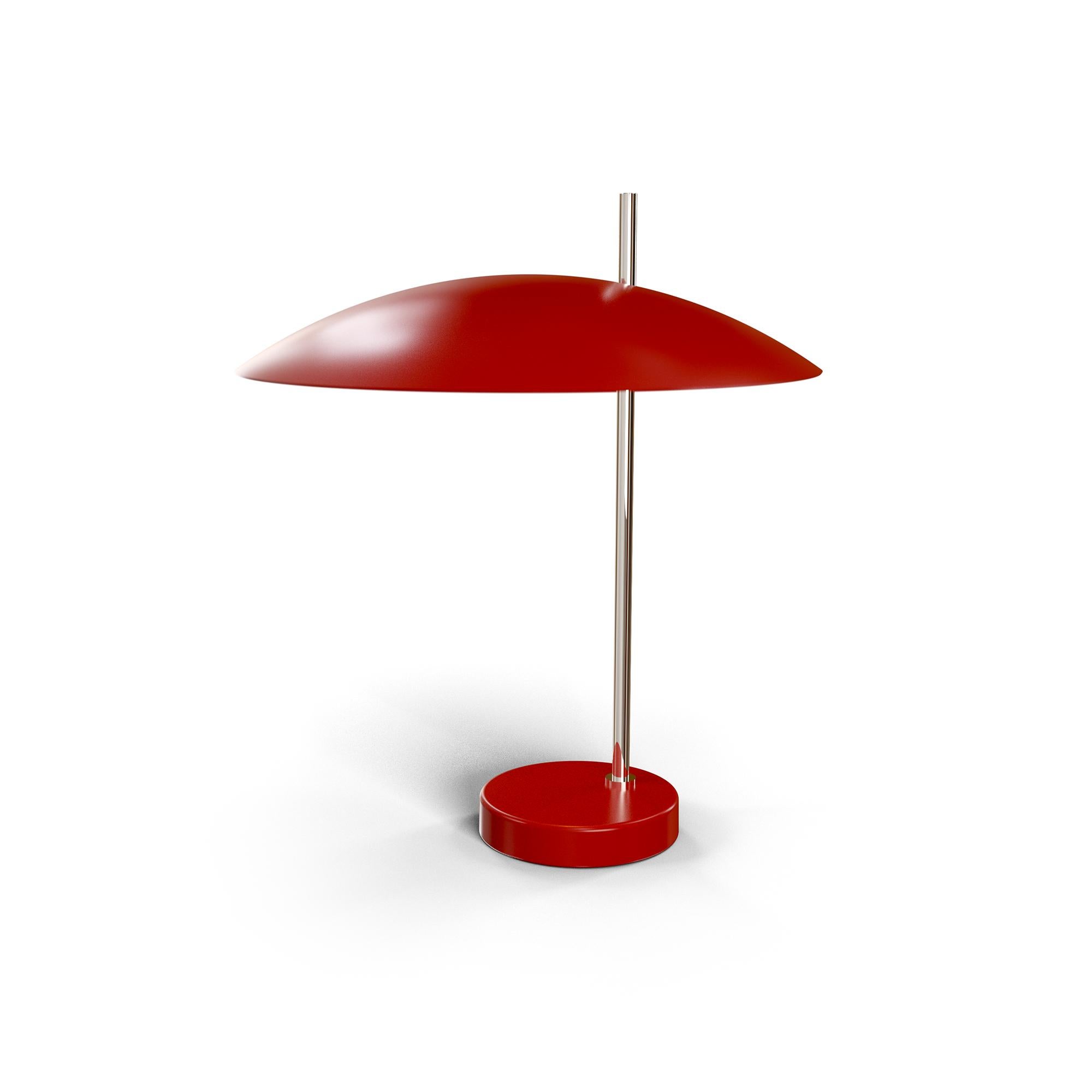 Chrome 1013 Table Lamp by Disderot
Limited Edition. 
Designed by Pierre Disderot.
Dimensions: Ø 34,1 x H 39,77 cm.
Materials: Chrome and red metal.

Delivered with authentication certificate. Made in France. Available in brushed brass, golden brass,