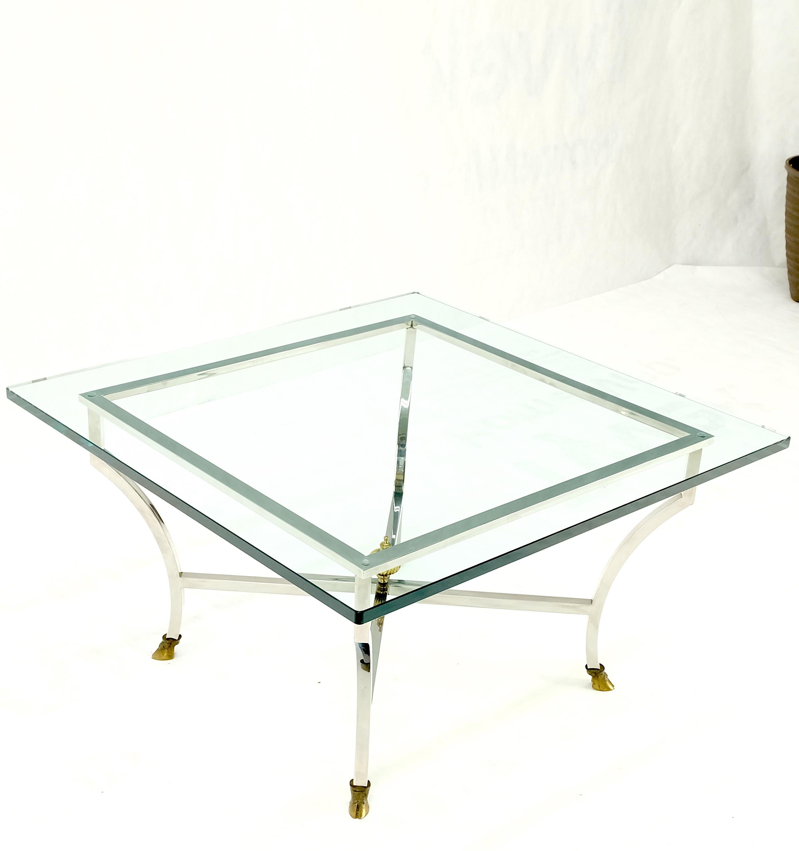Chrome Glass Brass Finial Base Hoof Feet Square Coffee Center Table Mint! In Good Condition For Sale In Rockaway, NJ