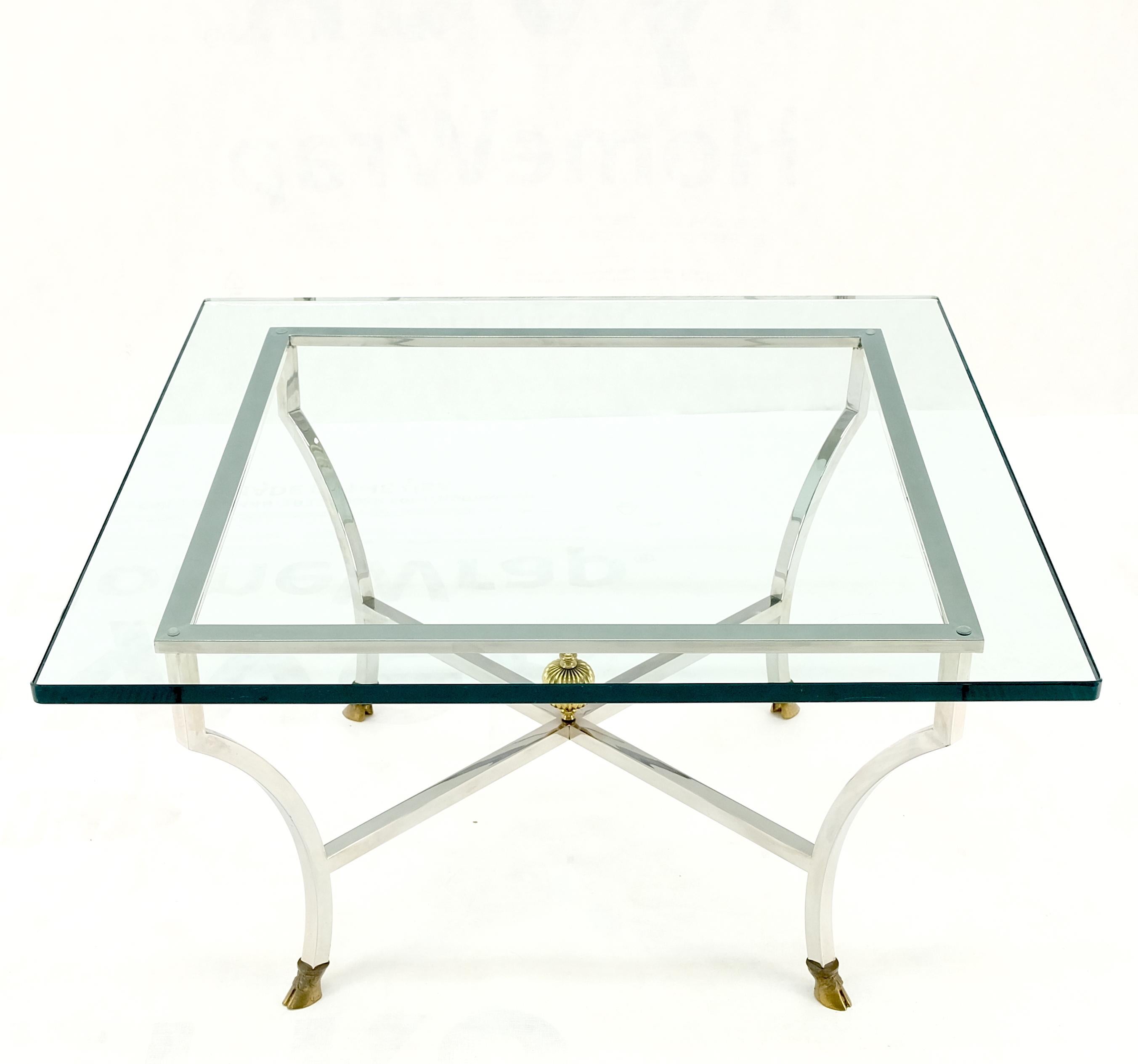 20th Century Chrome Glass Brass Finial Base Hoof Feet Square Coffee Center Table Mint! For Sale