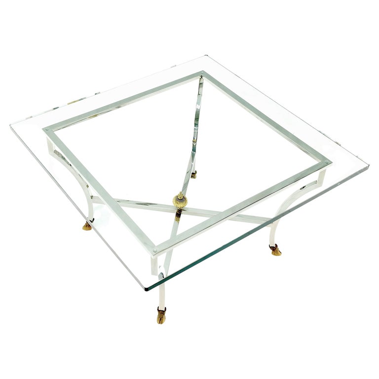 Chrome Glass Brass Finial Base Hoof Feet Square Coffee Center Table
