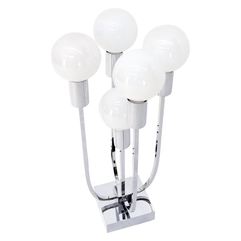 Chrome & 5 Milk Glass Globes Mid-Century Modern Table Lamp For Sale