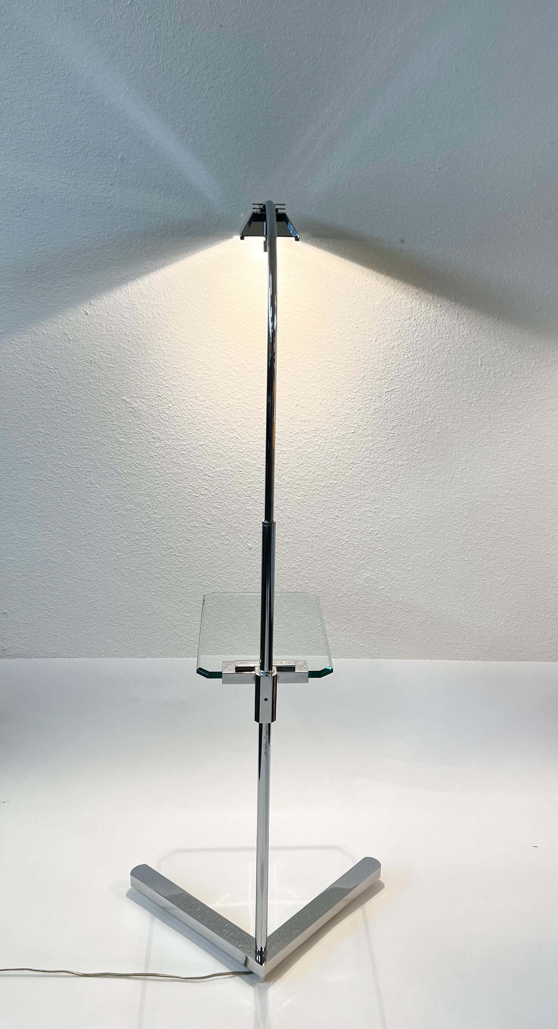 Hand-Crafted Chrome Adjustable Floor Lamp Side Table by Casella For Sale