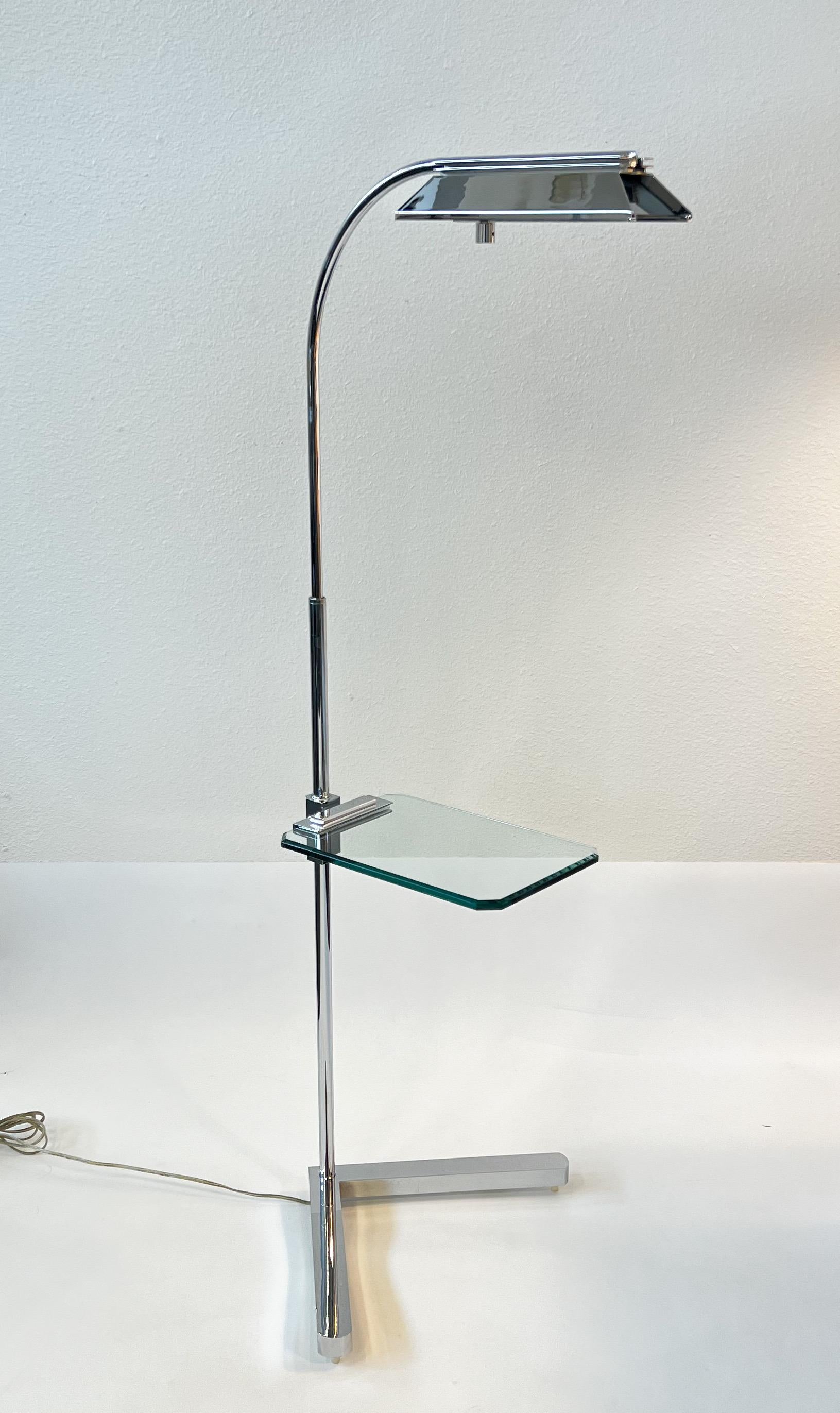 Glass Chrome Adjustable Floor Lamp Side Table by Casella For Sale