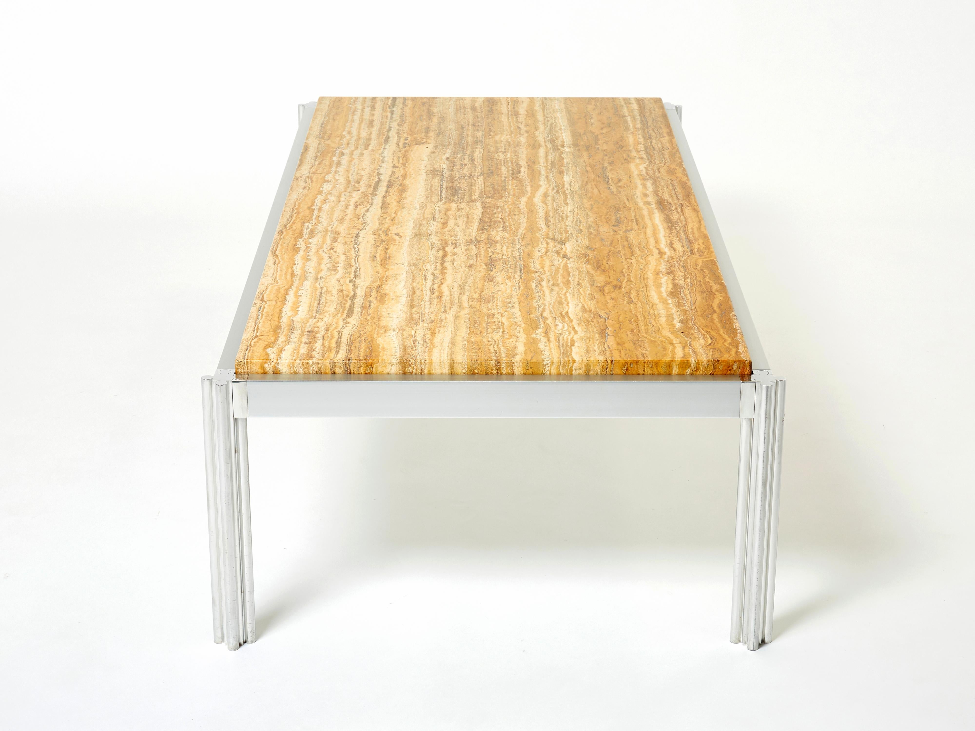 Table basse George Ciancimino en chrome, aluminium et travertin jaune, 1975 en vente 2