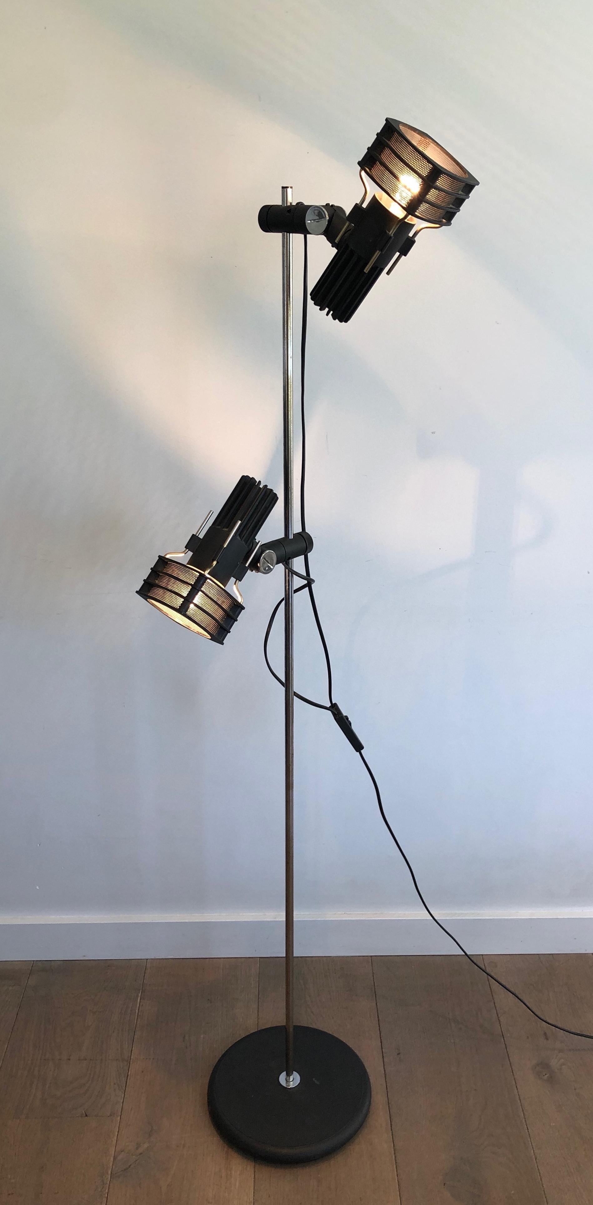 Mid-Century Modern Chrome and Black Lacquered Design Floor Lamp with Adjustable Lights, French Work For Sale