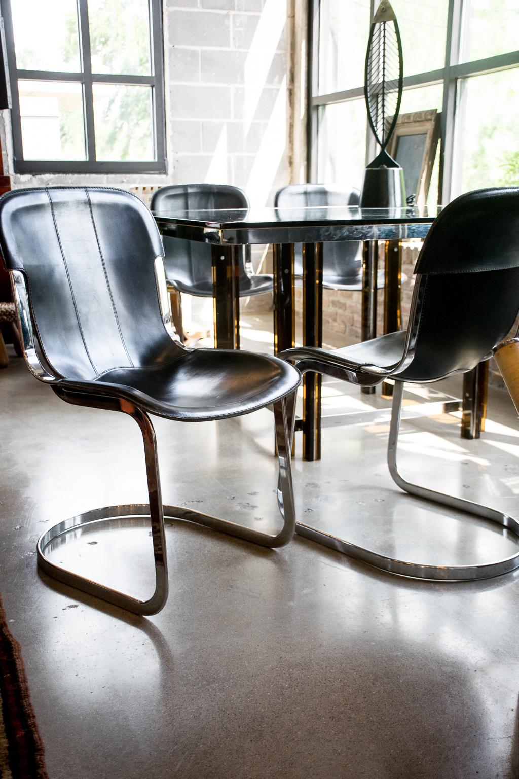 Mid-Century Modern Chrome and Black Leather Dining Chairs, Willy Rizzo, Italy, 1970s