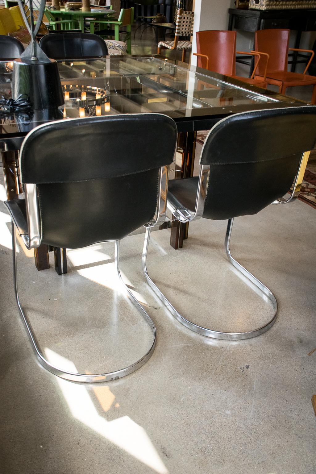 Chrome and Black Leather Dining Chairs, Willy Rizzo, Italy, 1970s In Good Condition In Austin, TX