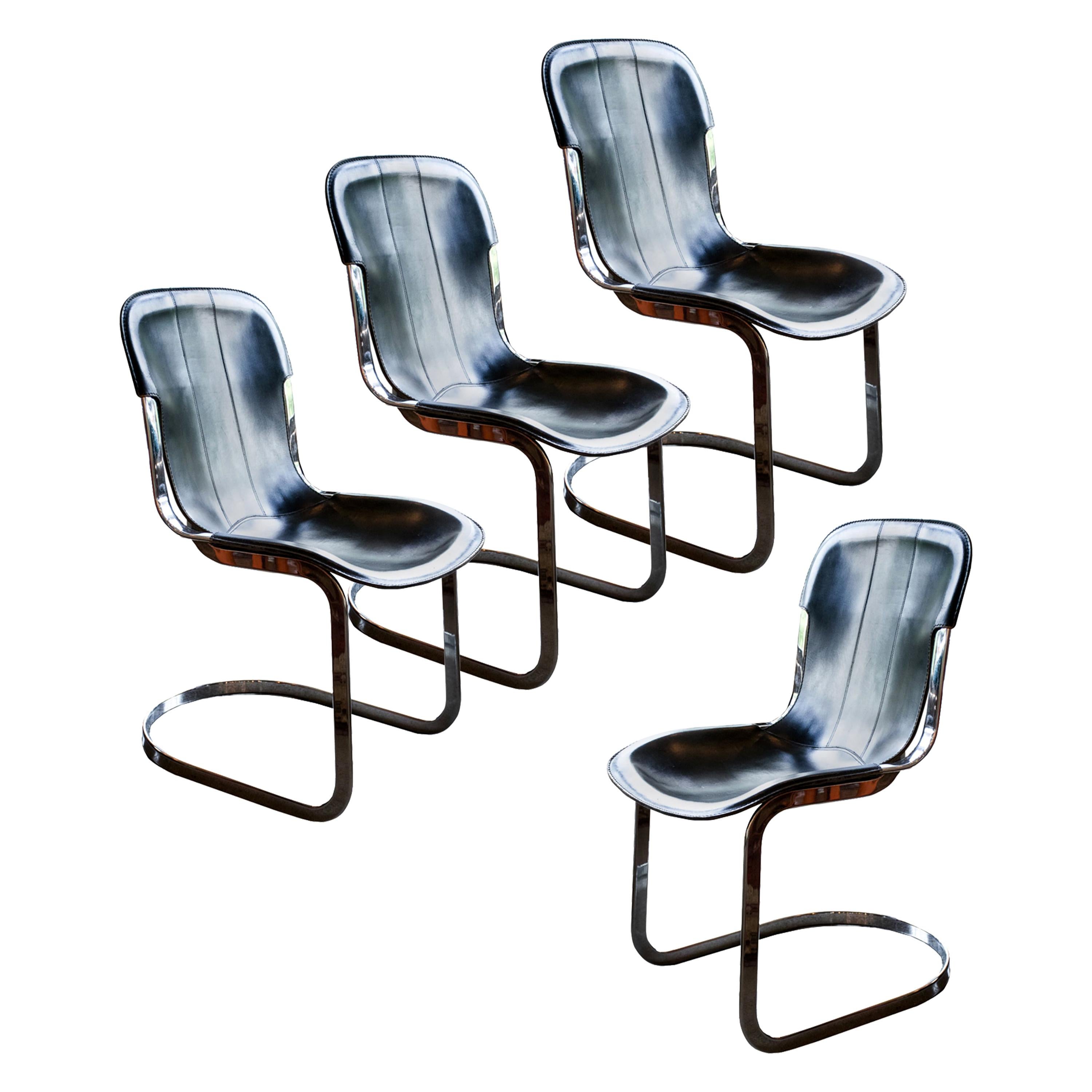 Chrome and Black Leather Dining Chairs, Willy Rizzo, Italy, 1970s