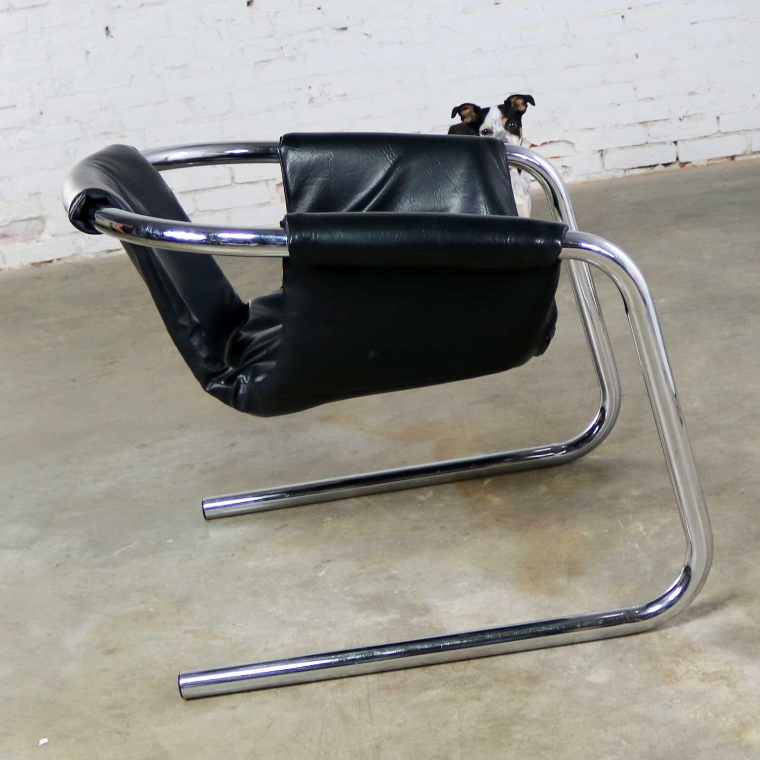 Chrome and Black Vinyl Cantilevered Sling Chair Attributed to Vecta Group, Italy 1