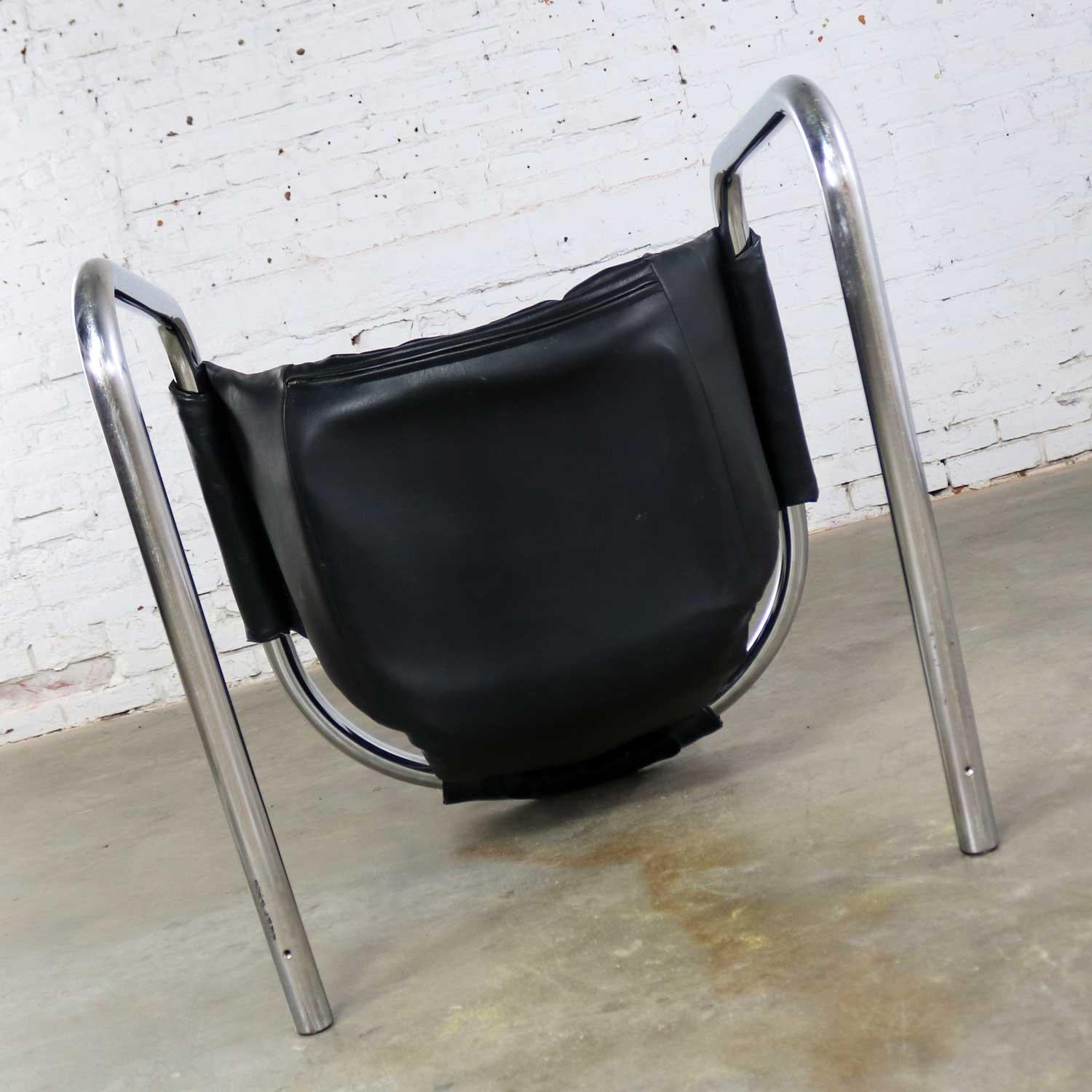 Chrome and Black Vinyl Cantilevered Sling Chair Attributed to Vecta Group, Italy 2