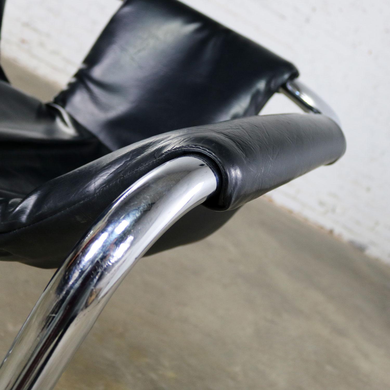 Chrome and Black Vinyl Cantilevered Sling Chair Attributed to Vecta Group, Italy 4