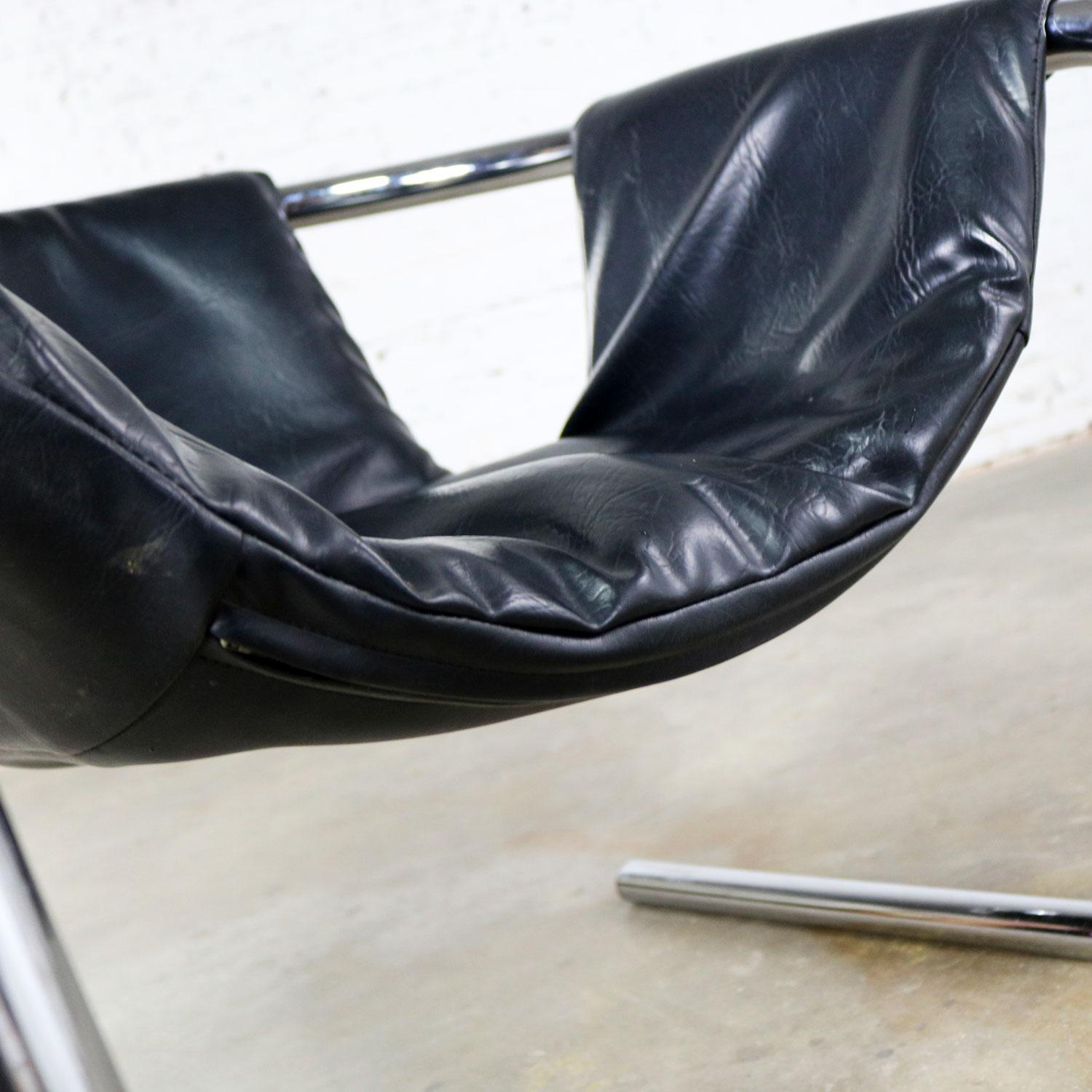 Chrome and Black Vinyl Cantilevered Sling Chair Attributed to Vecta Group, Italy 5