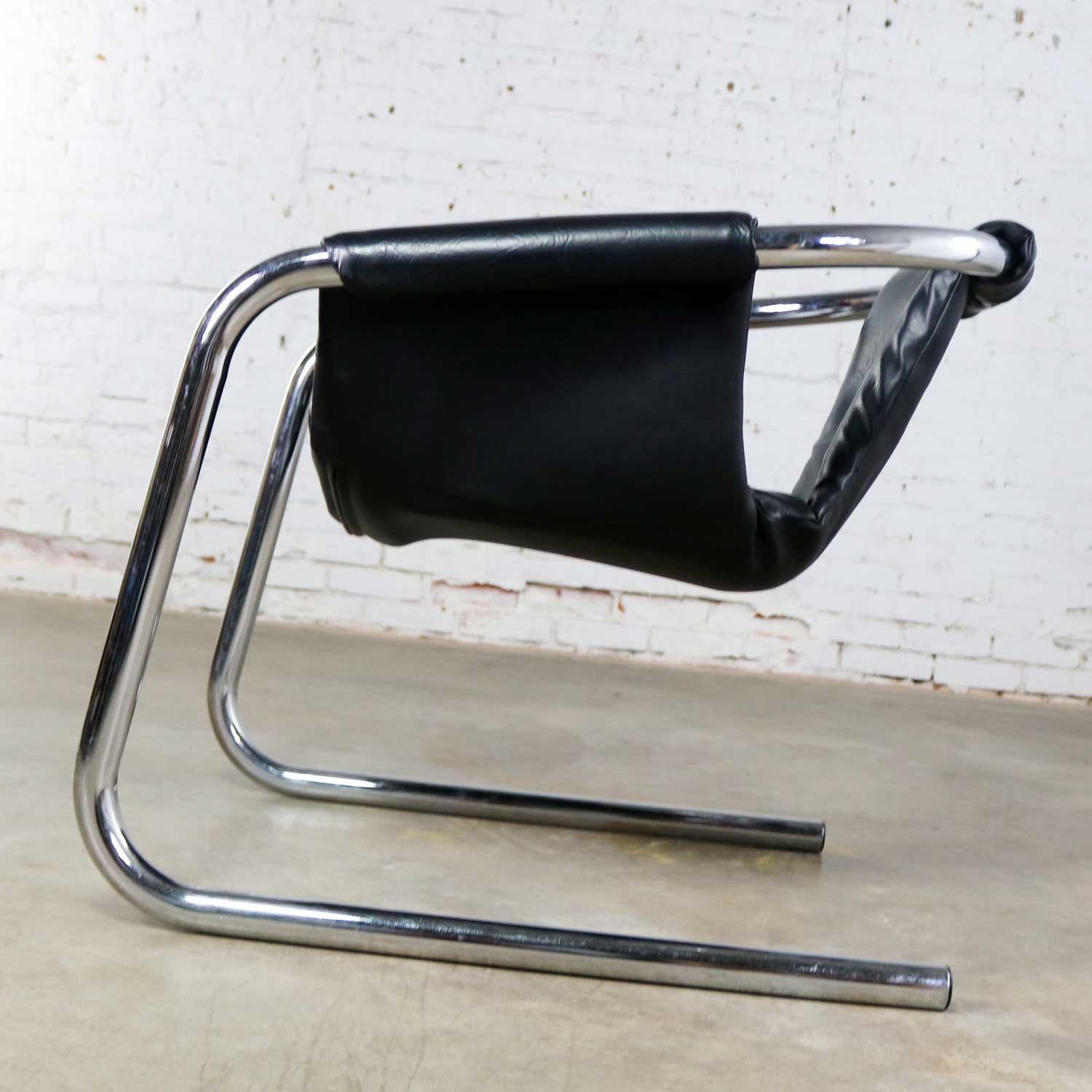 Italian Chrome and Black Vinyl Cantilevered Sling Chair Attributed to Vecta Group, Italy