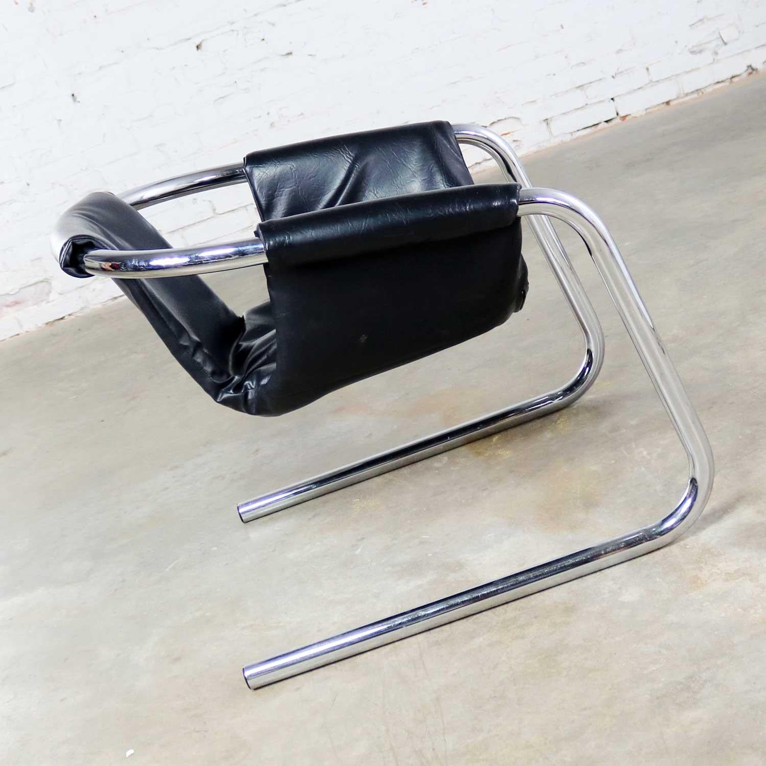 Chrome and Black Vinyl Cantilevered Sling Chair Attributed to Vecta Group, Italy In Good Condition In Topeka, KS