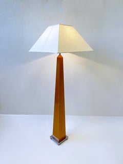 Chrome and Blond Wood Obelisk Shape Floor Lamp