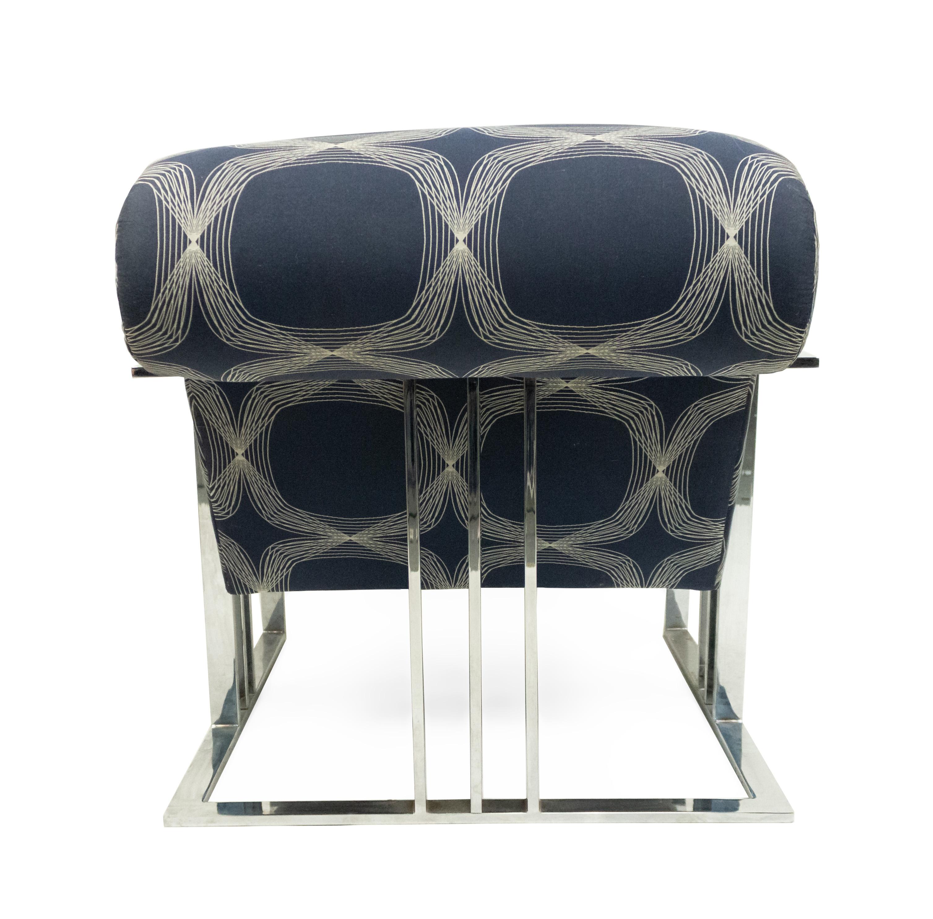 American Chrome and Blue Upholstered Armchairs by Milo Baughman