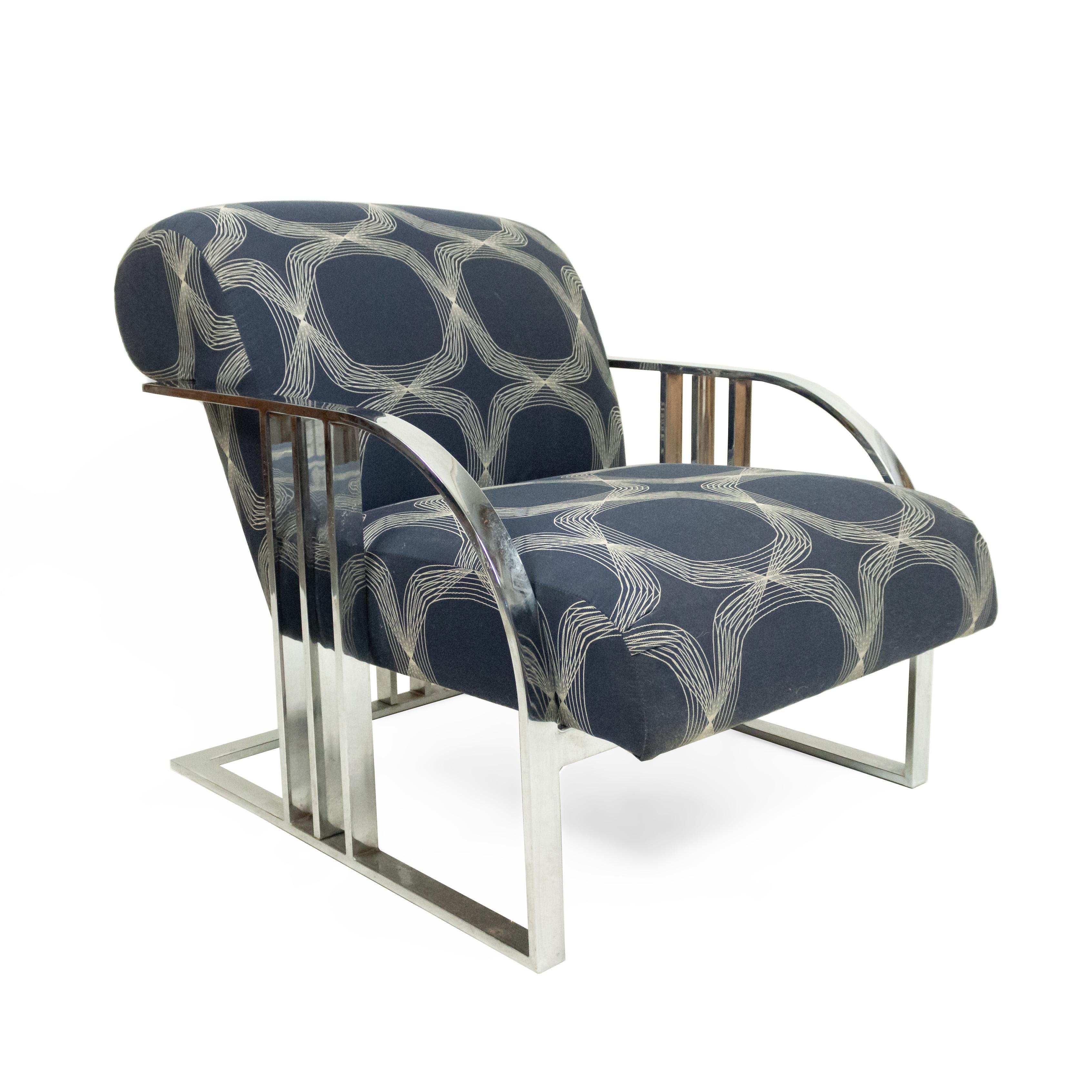 Chrome and Blue Upholstered Armchairs by Milo Baughman In Good Condition In New York, NY