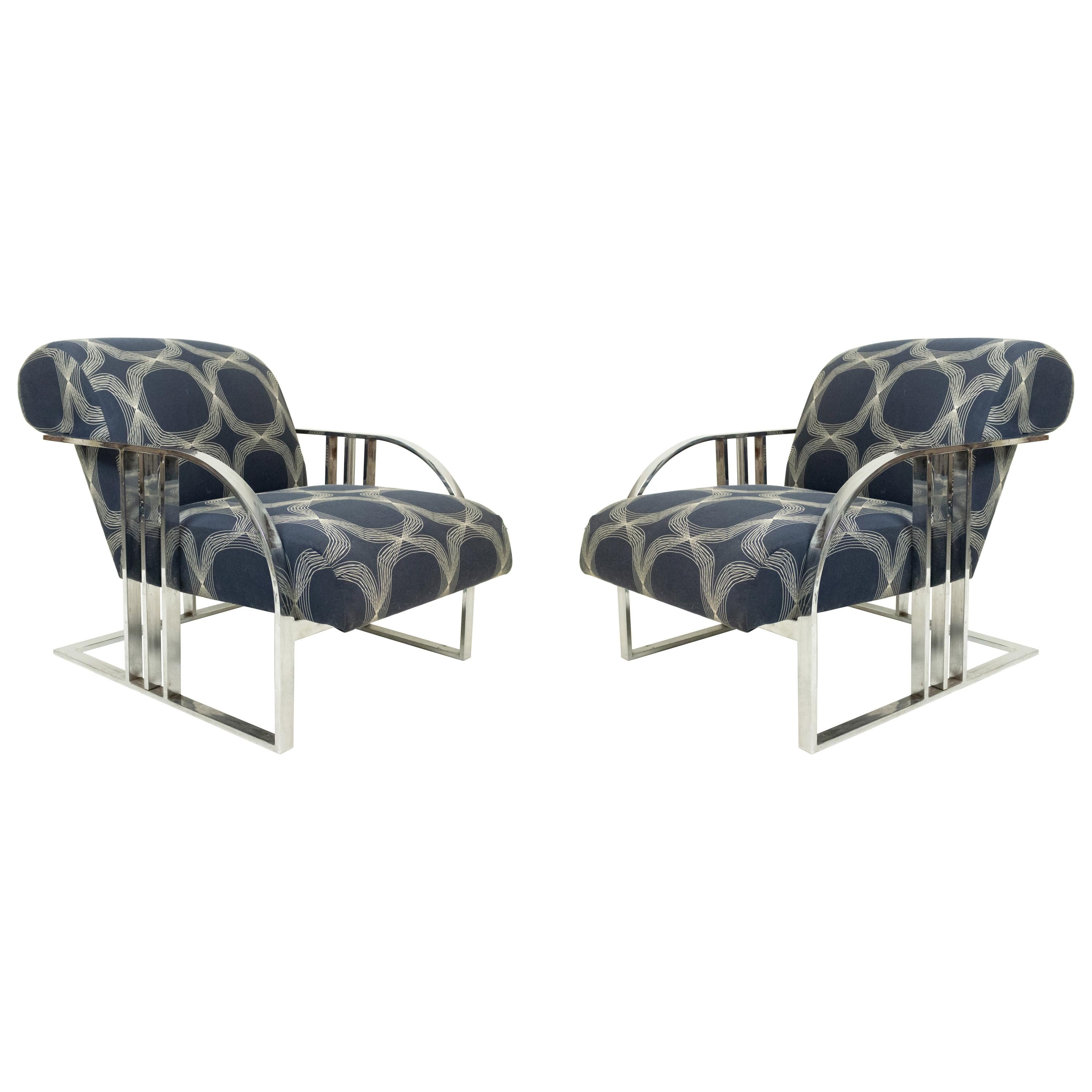 Chrome and Blue Upholstered Armchairs by Milo Baughman