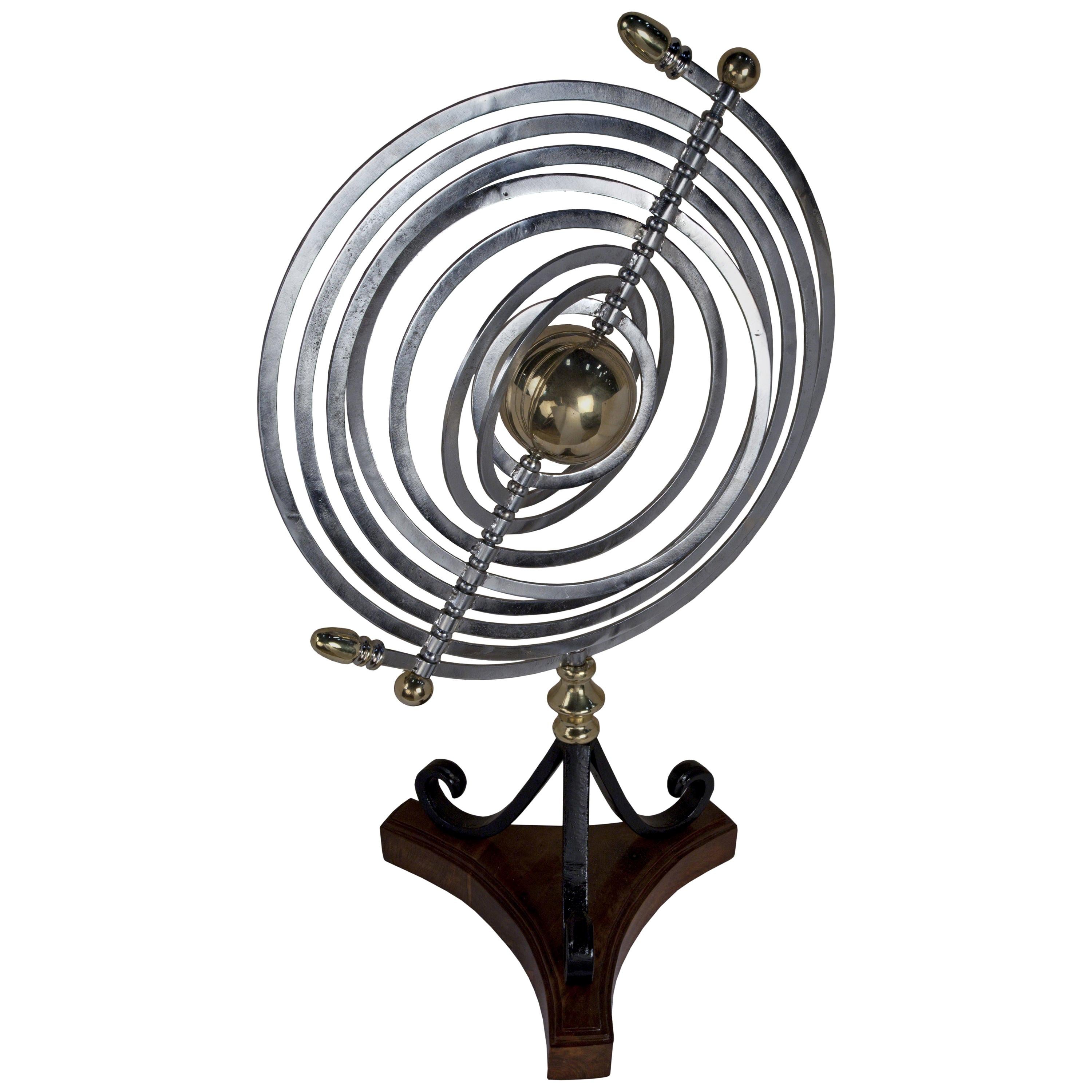 Chrome and Brass Armillary Celestial Kinetic Sculpture with Teak and Iron Base