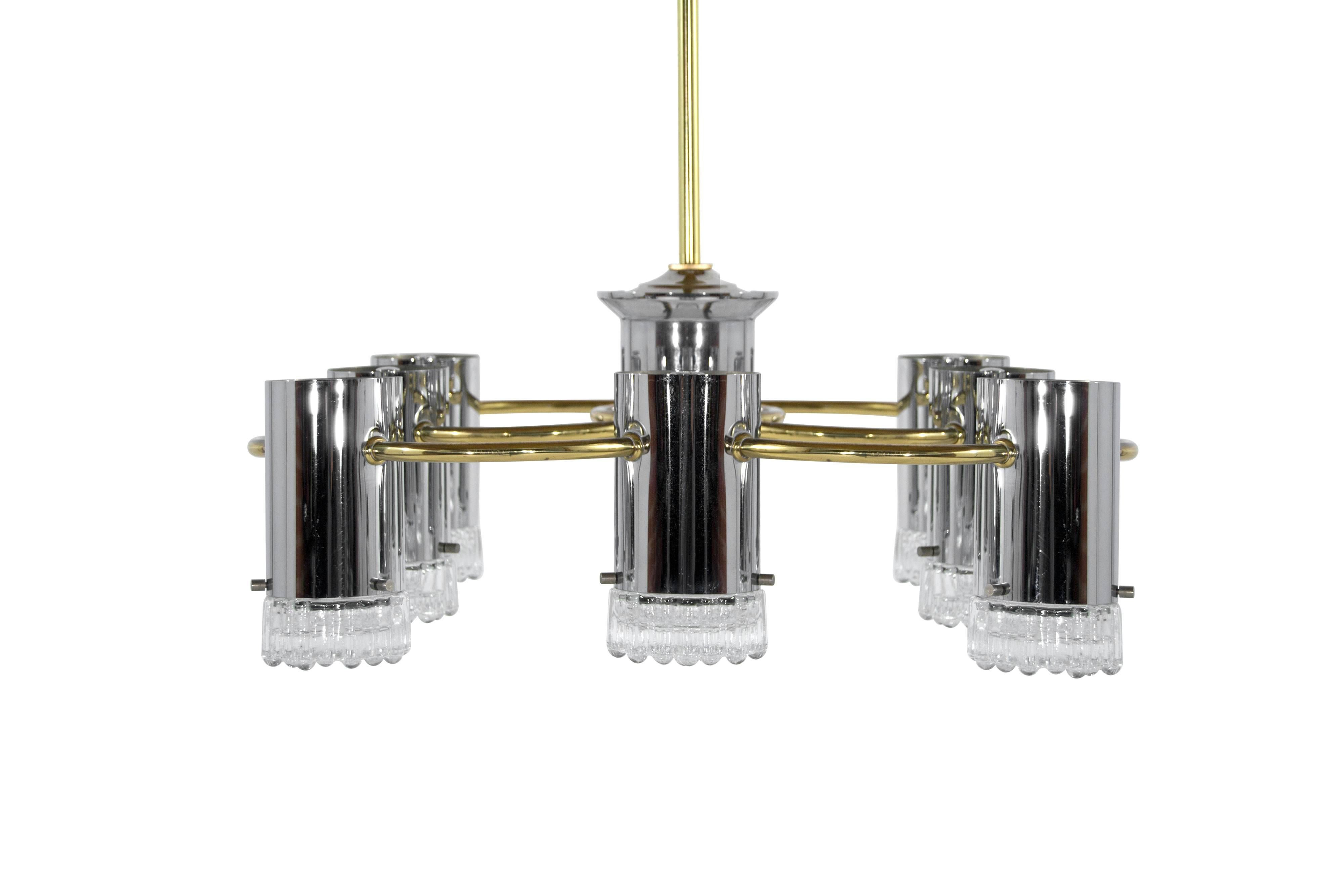 A rare example in chrome and brass by Gaetano Sciolari; manufactured in Italy, circa 1960s. Murano glass shades in excellent condition; this fixture has been fully rewired. Ceiling drop is adjustable. It could also be used as a flush mount fixture.