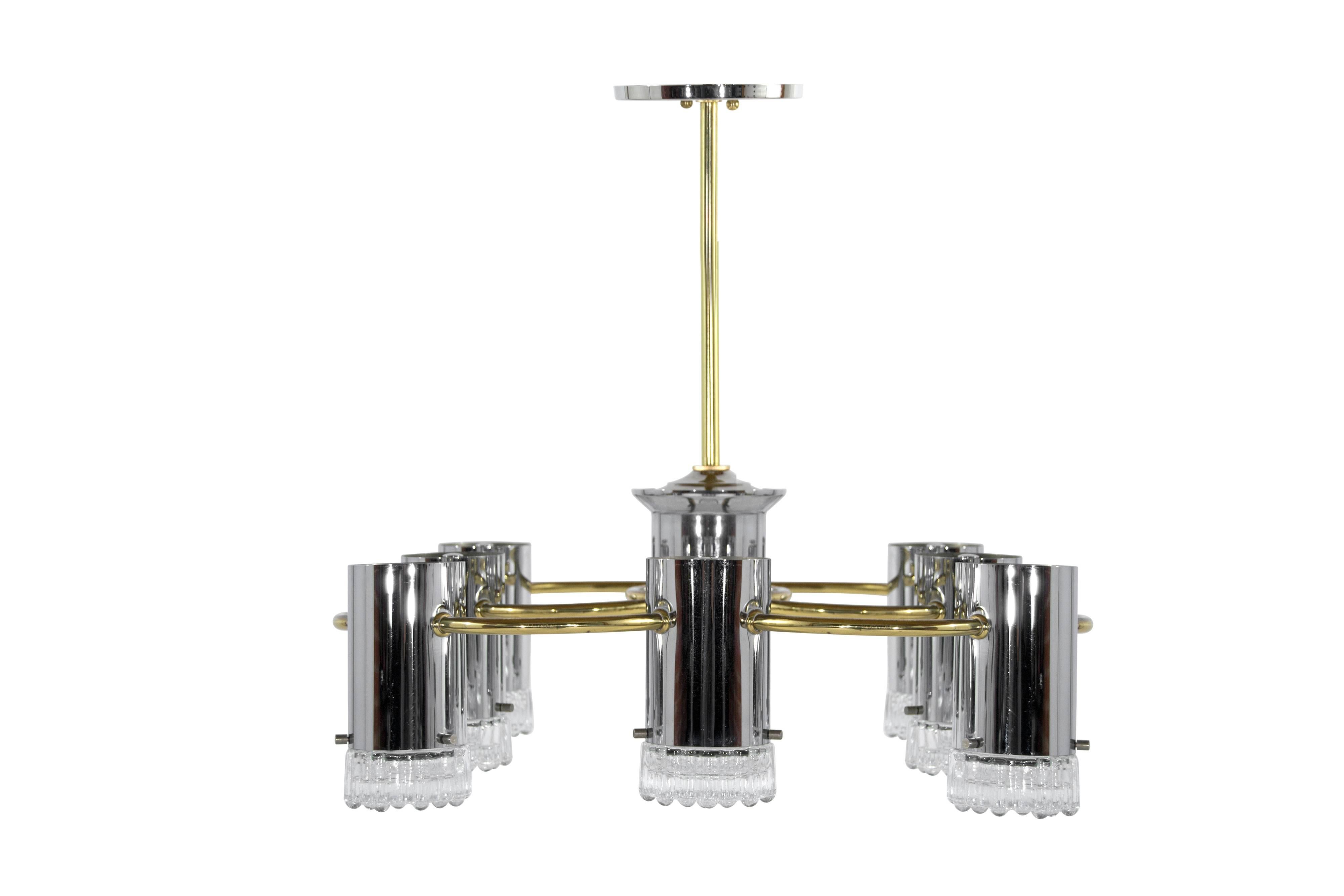 Chrome and Brass Chandelier by Gaetano Sciolari In Excellent Condition In Westport, CT