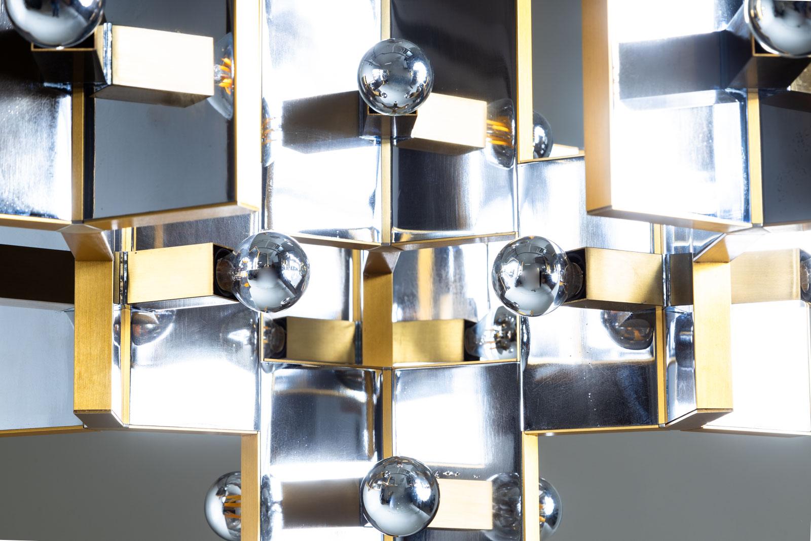 Lampadario in cromo e ottone di Gaetano Sciolari, Italia, anni '70 in vendita 6