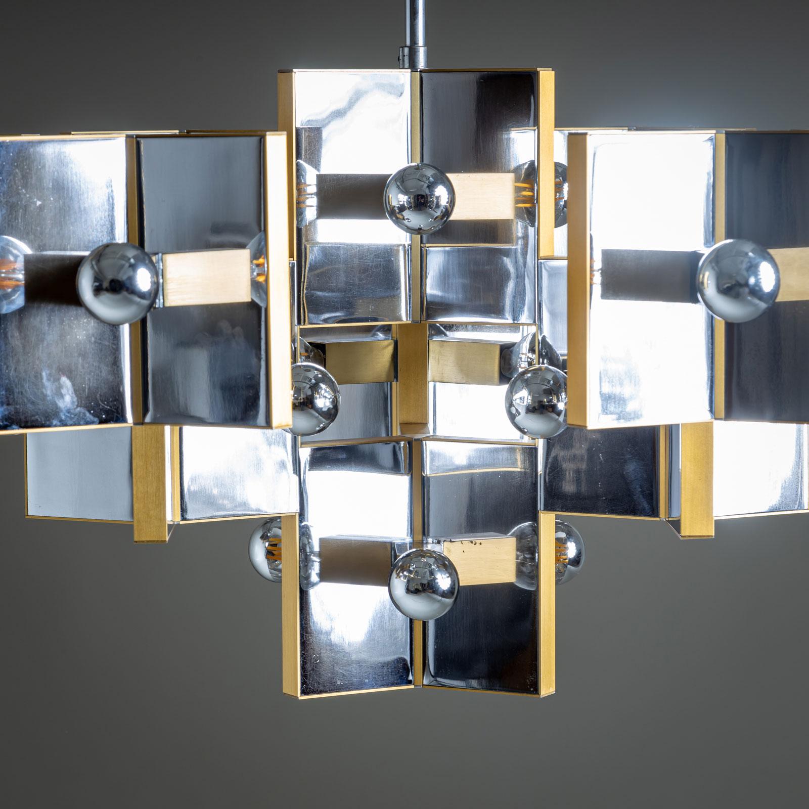 XX secolo Lampadario in cromo e ottone di Gaetano Sciolari, Italia, anni '70 in vendita