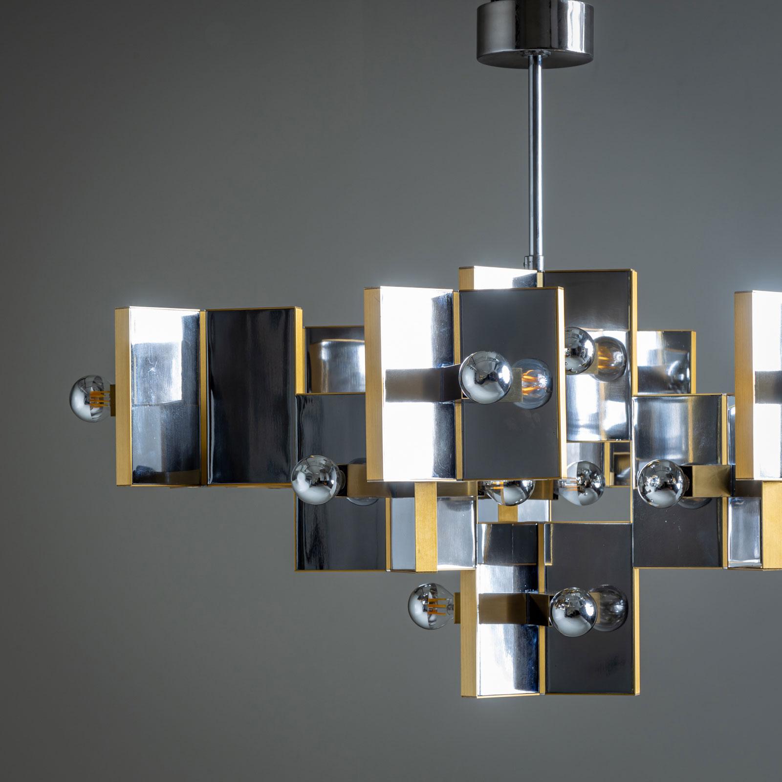 Lampadario in cromo e ottone di Gaetano Sciolari, Italia, anni '70 in vendita 1