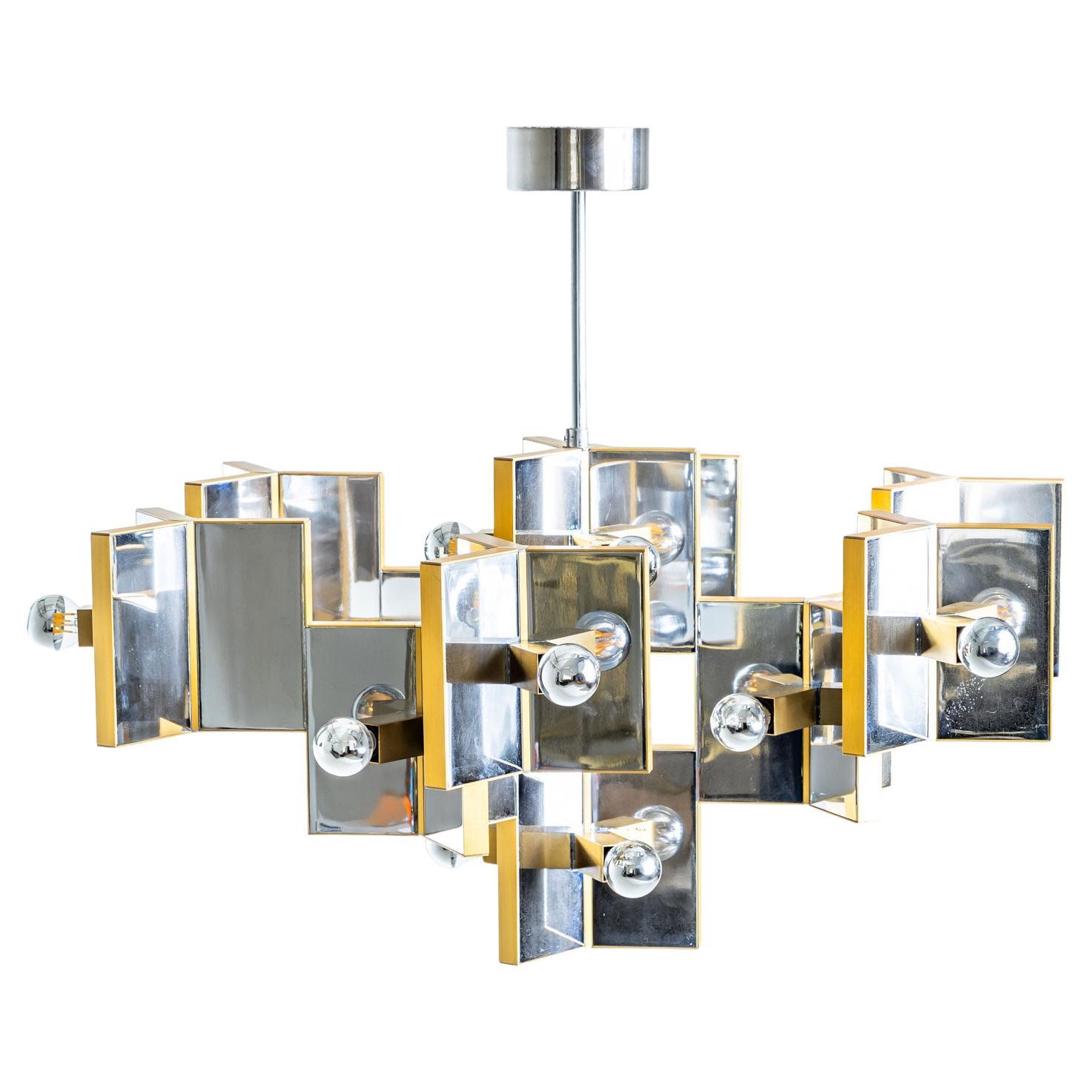 Lampadario in cromo e ottone di Gaetano Sciolari, Italia, anni '70