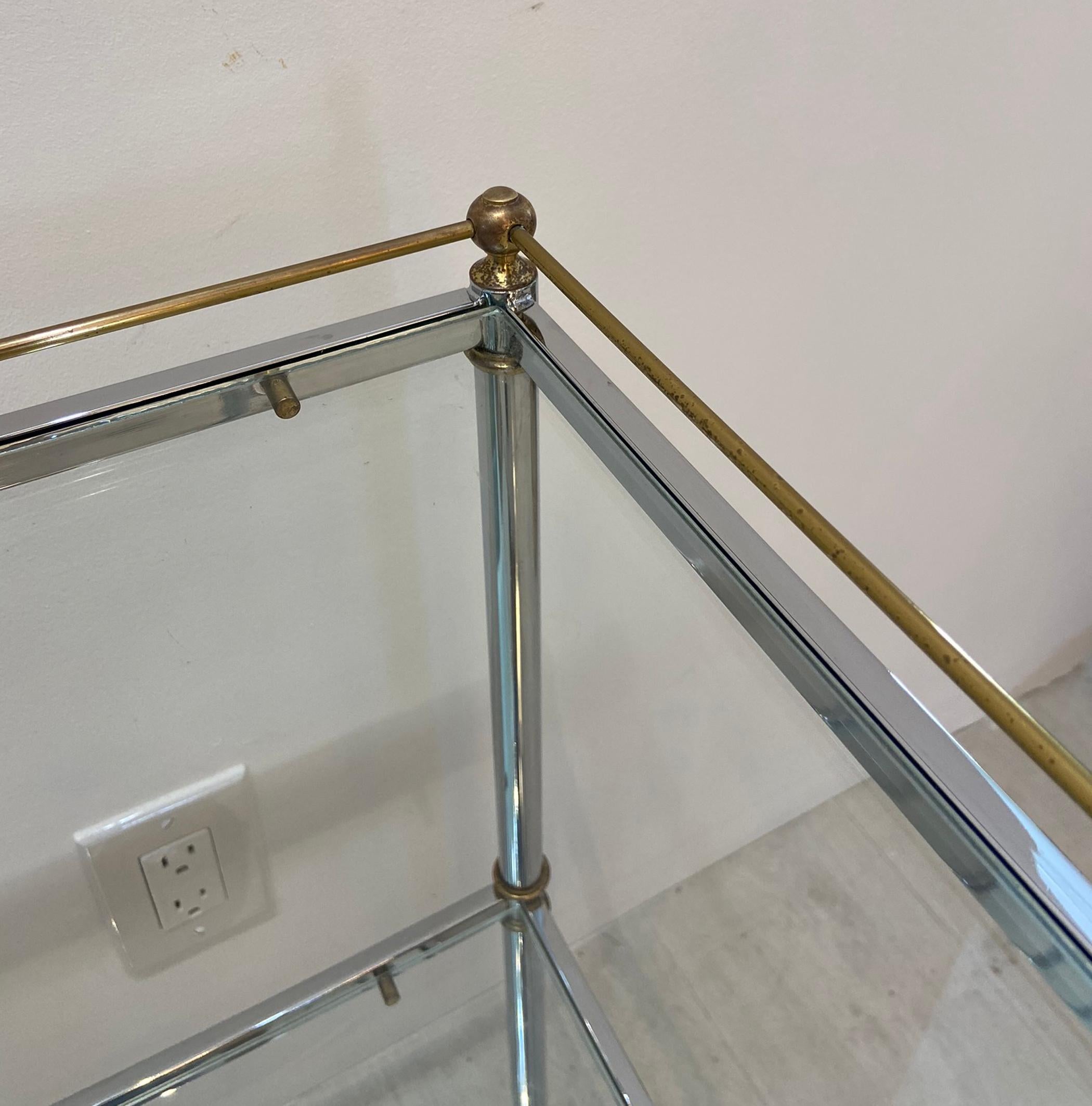 Mid-Century Modern Chrome and Brass Console with Glass Shelves, circa 1980s For Sale