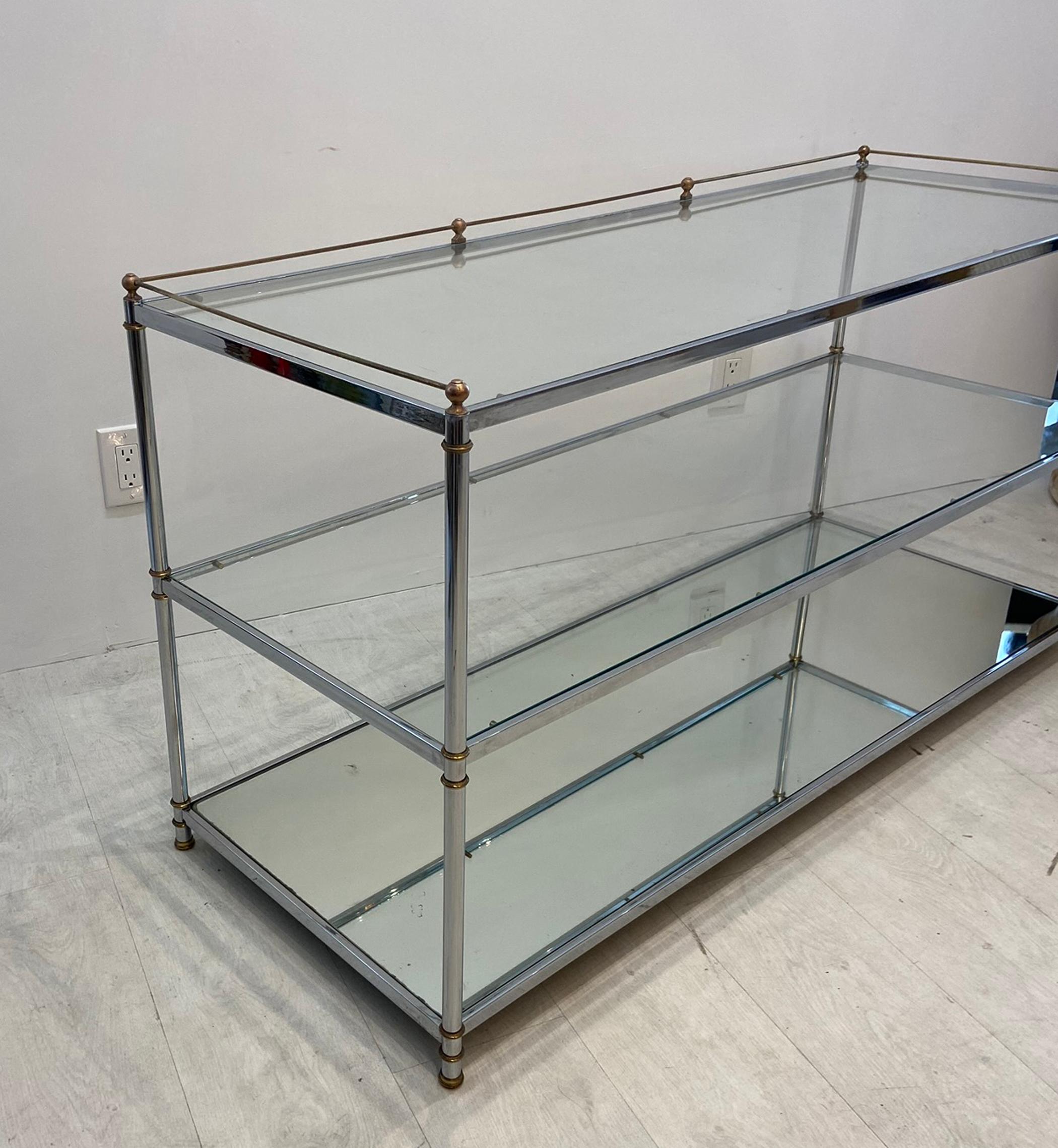 Chrome and Brass Console with Glass Shelves, circa 1980s In Good Condition For Sale In West Palm Beach, FL