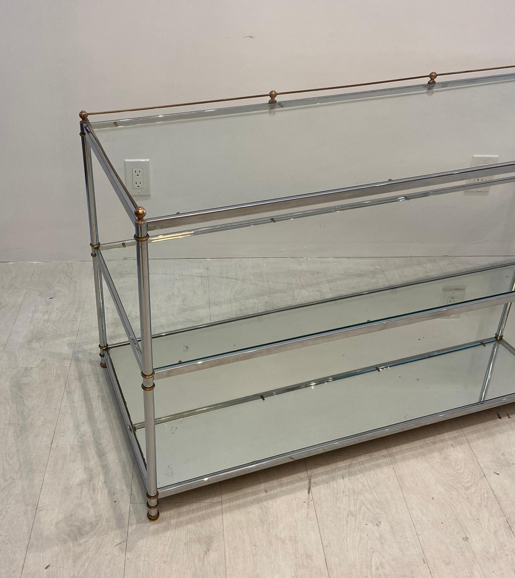 Chrome and Brass Console with Glass Shelves, circa 1980s For Sale 1