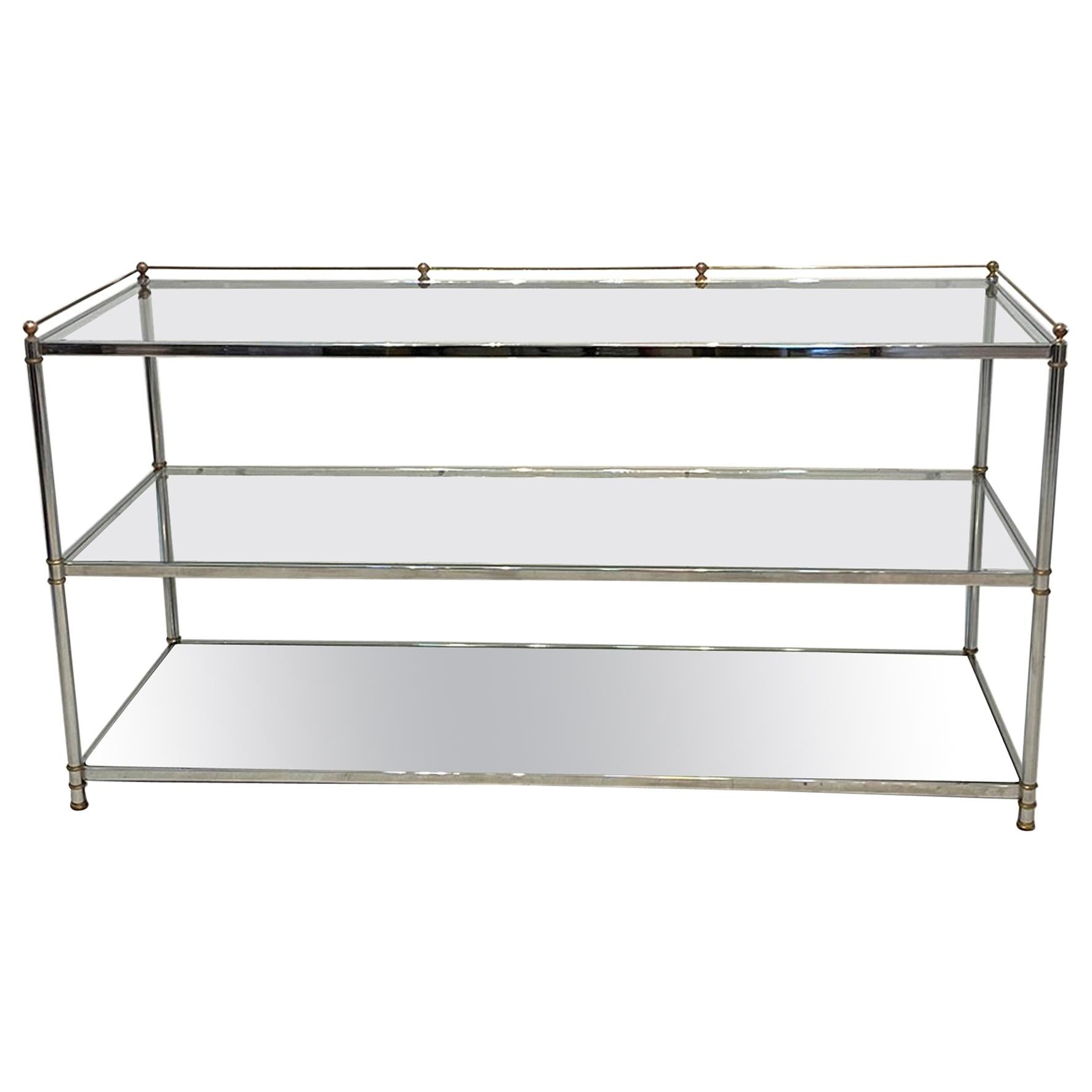 Chrome and Brass Console with Glass Shelves, circa 1980s For Sale