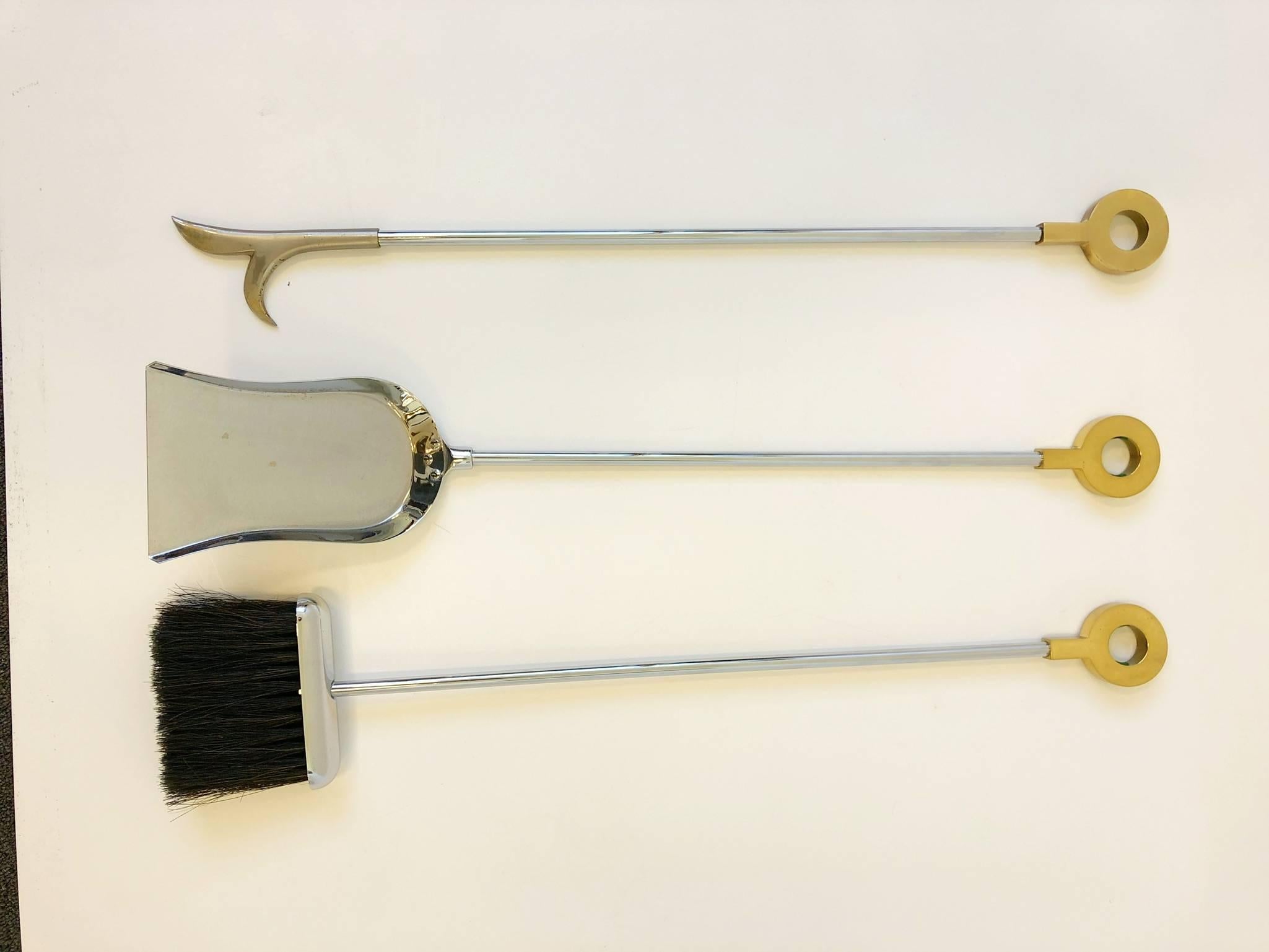 Polished Chrome and Brass Fireplace Tools by Maison Charles For Sale