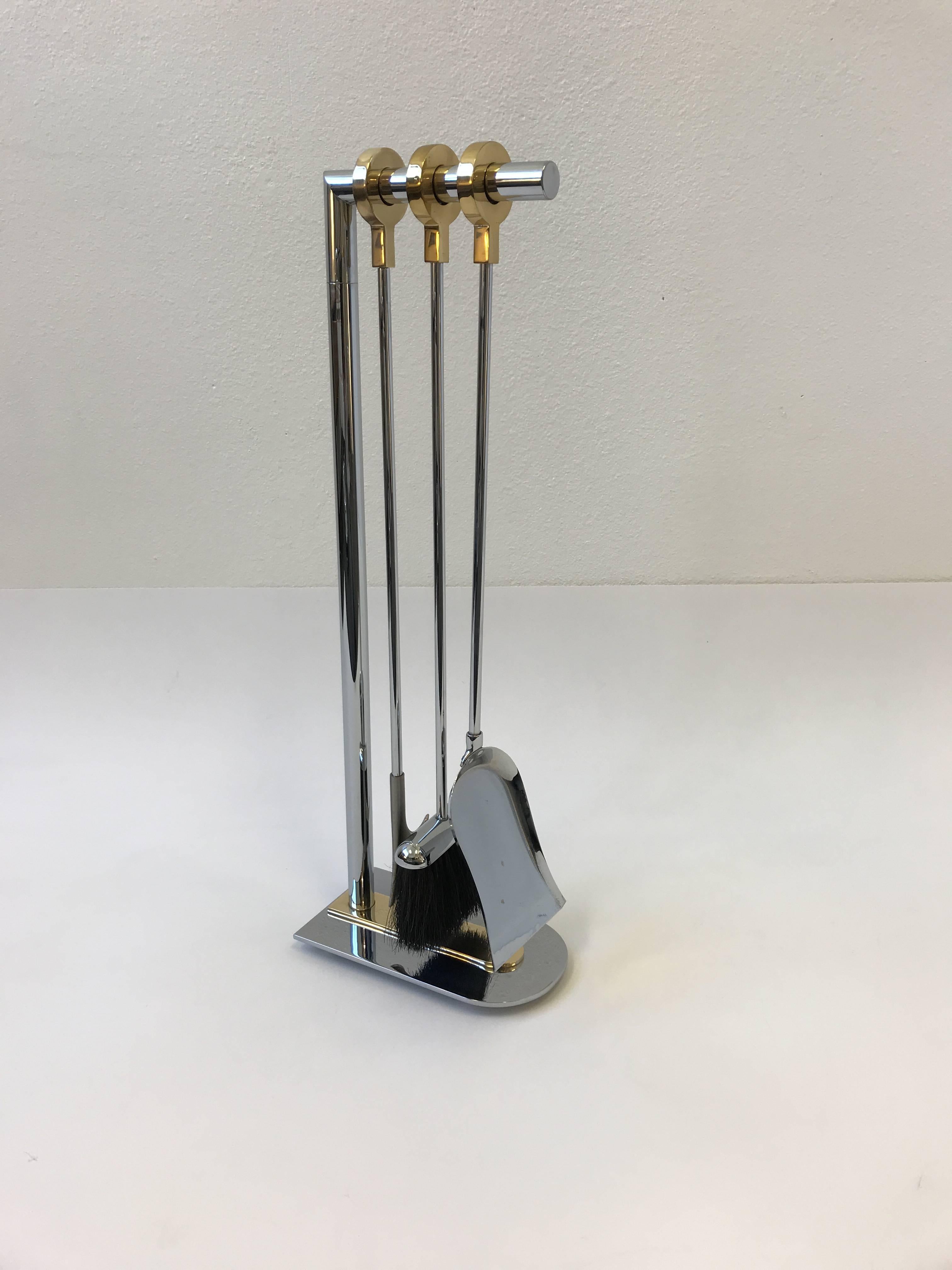 Chrome and Brass Fireplace Tools by Maison Charles In Excellent Condition For Sale In Palm Springs, CA