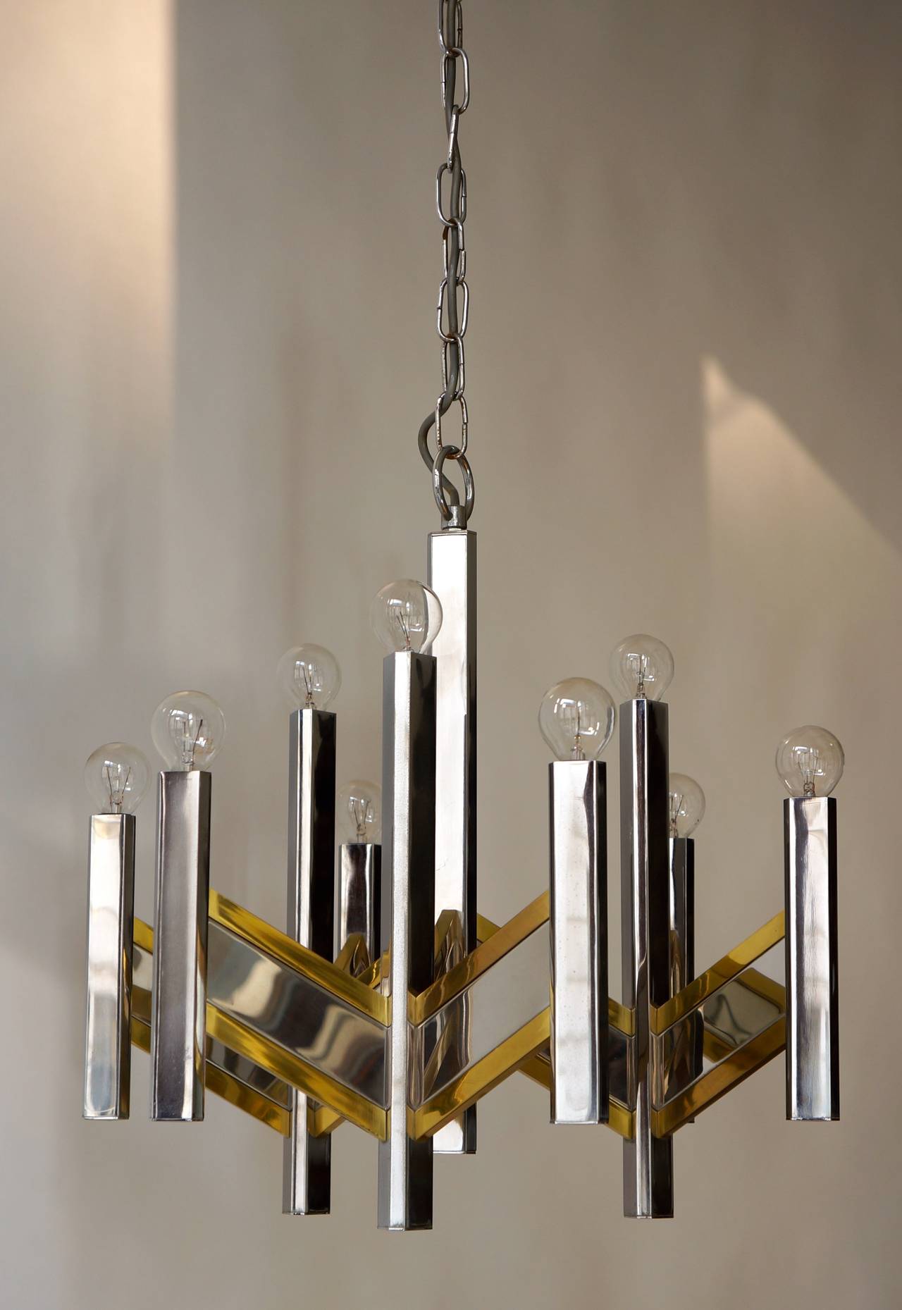 Chrome and Brass Geometric Sciolari Chandelier In Good Condition For Sale In Antwerp, BE