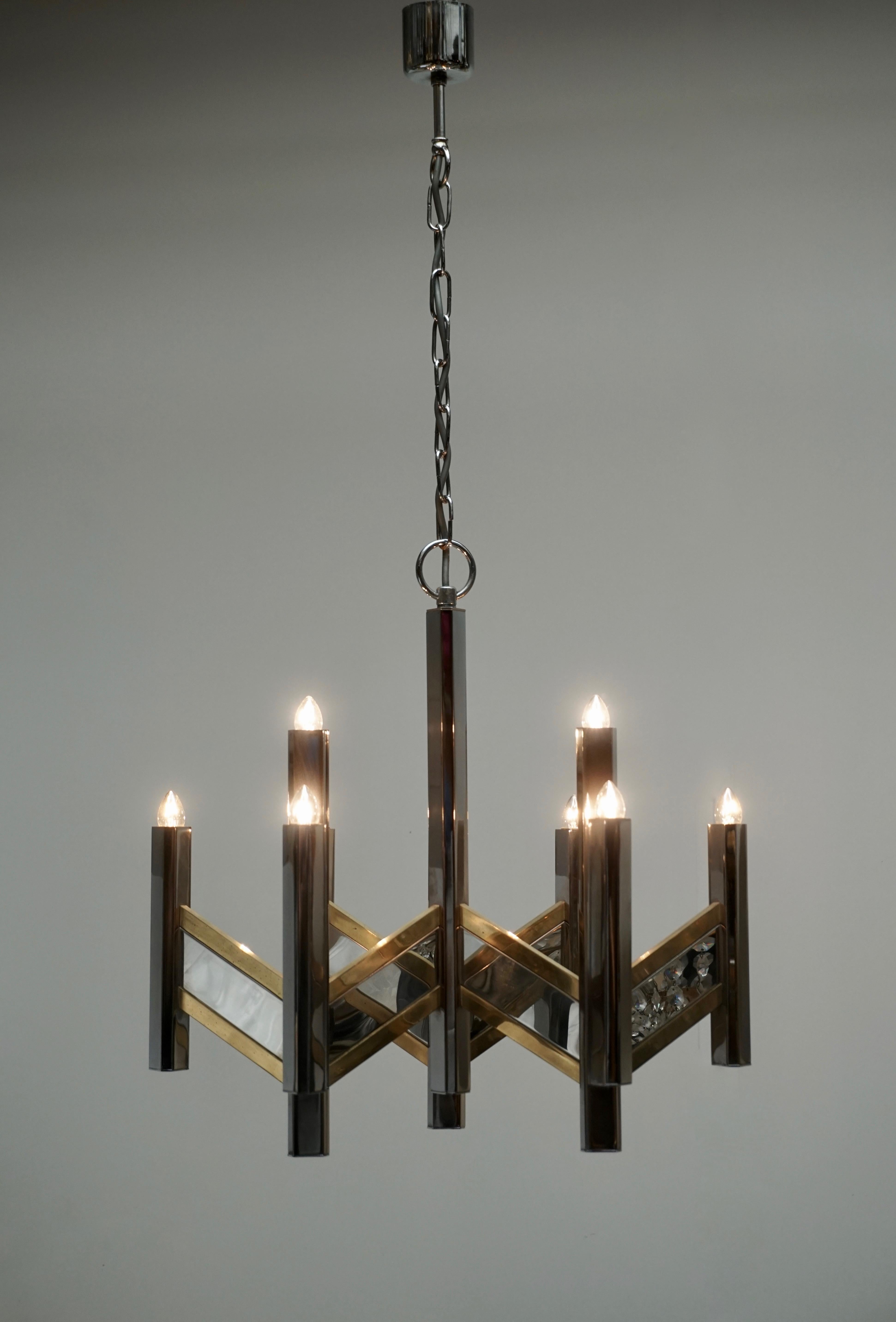 Metal Chrome and Brass Geometric Sciolari Chandelier For Sale