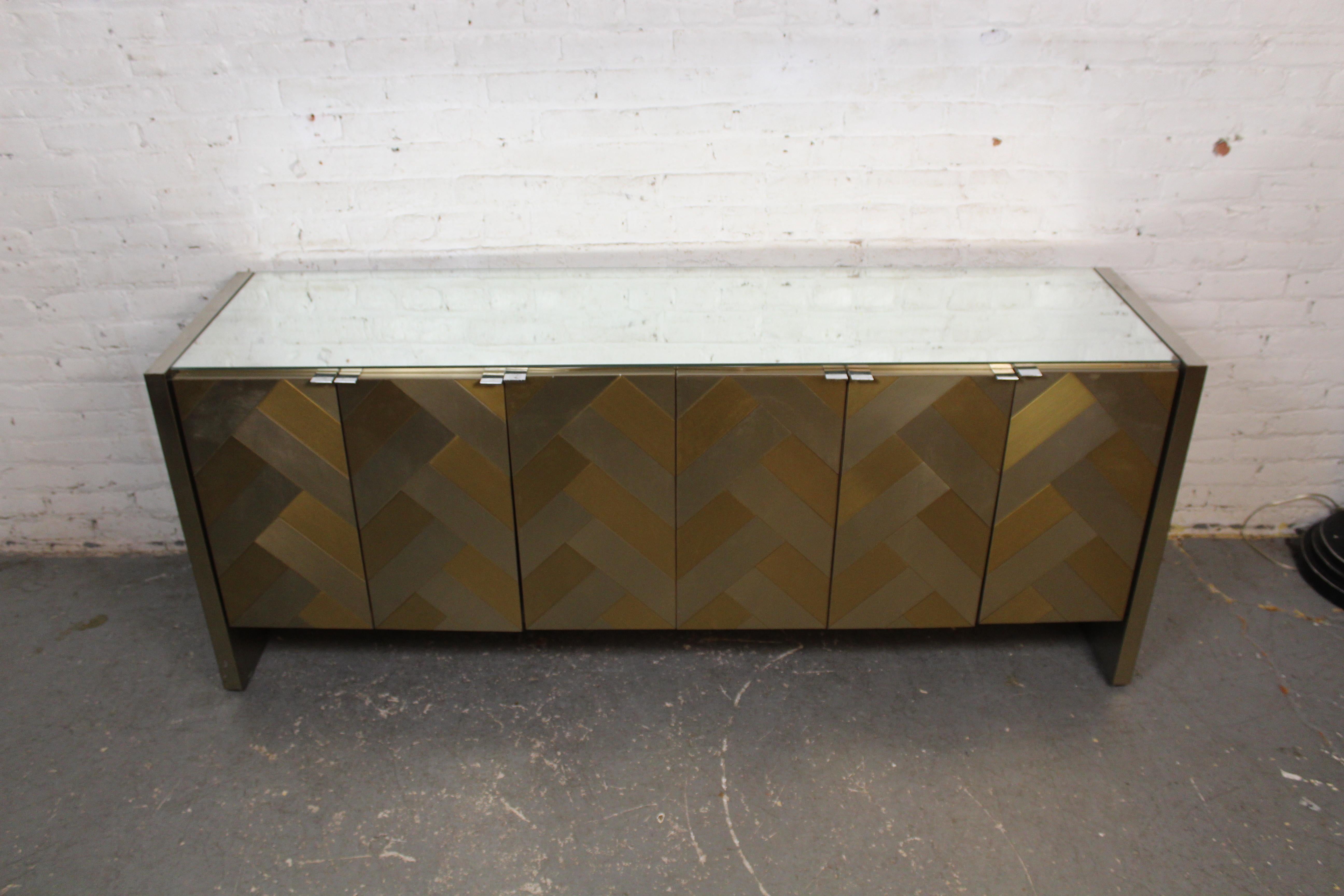 Mid-Century Modern Chrome and Brass Herringbone Credenza by Ello Furniture