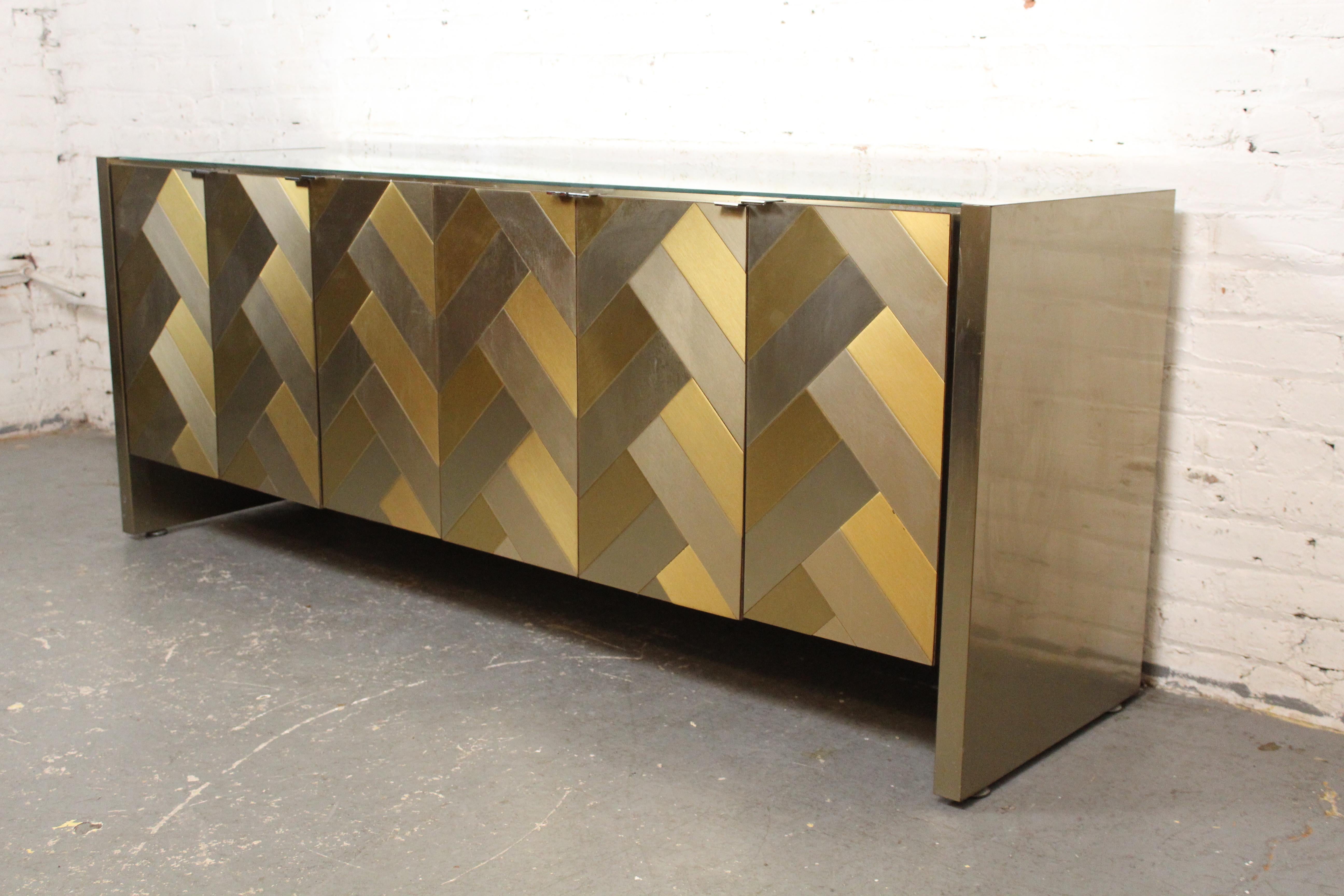 American Chrome and Brass Herringbone Credenza by Ello Furniture